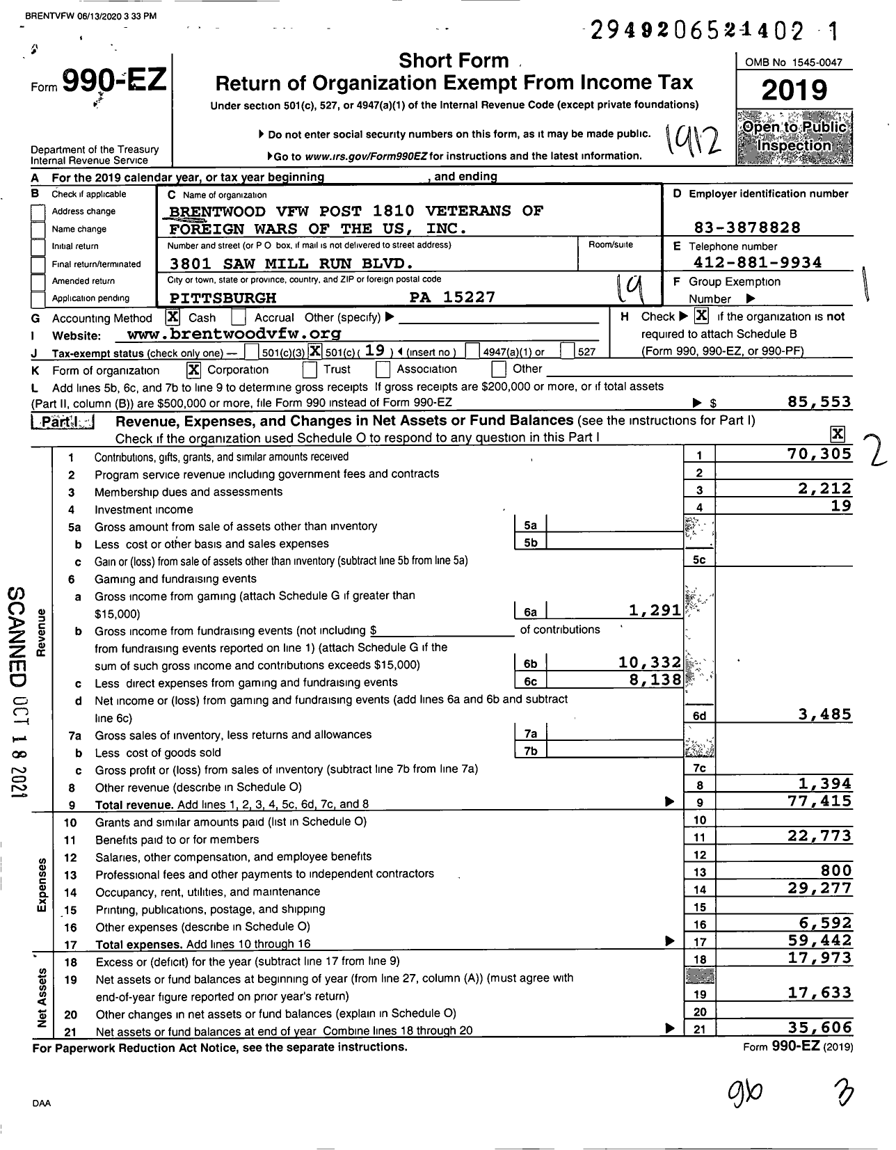 Image of first page of 2019 Form 990EO for Brentwood VFW Post 1810 Veterans of Foreign Wars of the Us