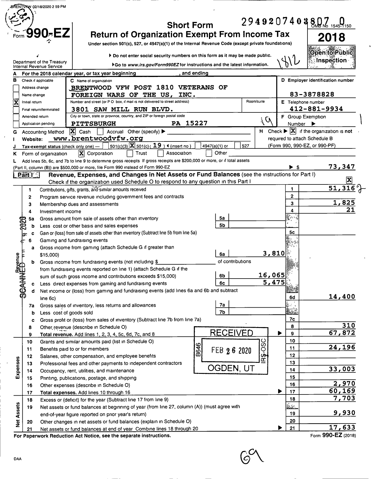 Image of first page of 2018 Form 990EO for Brentwood VFW Post 1810 Veterans of Foreign Wars of the Us