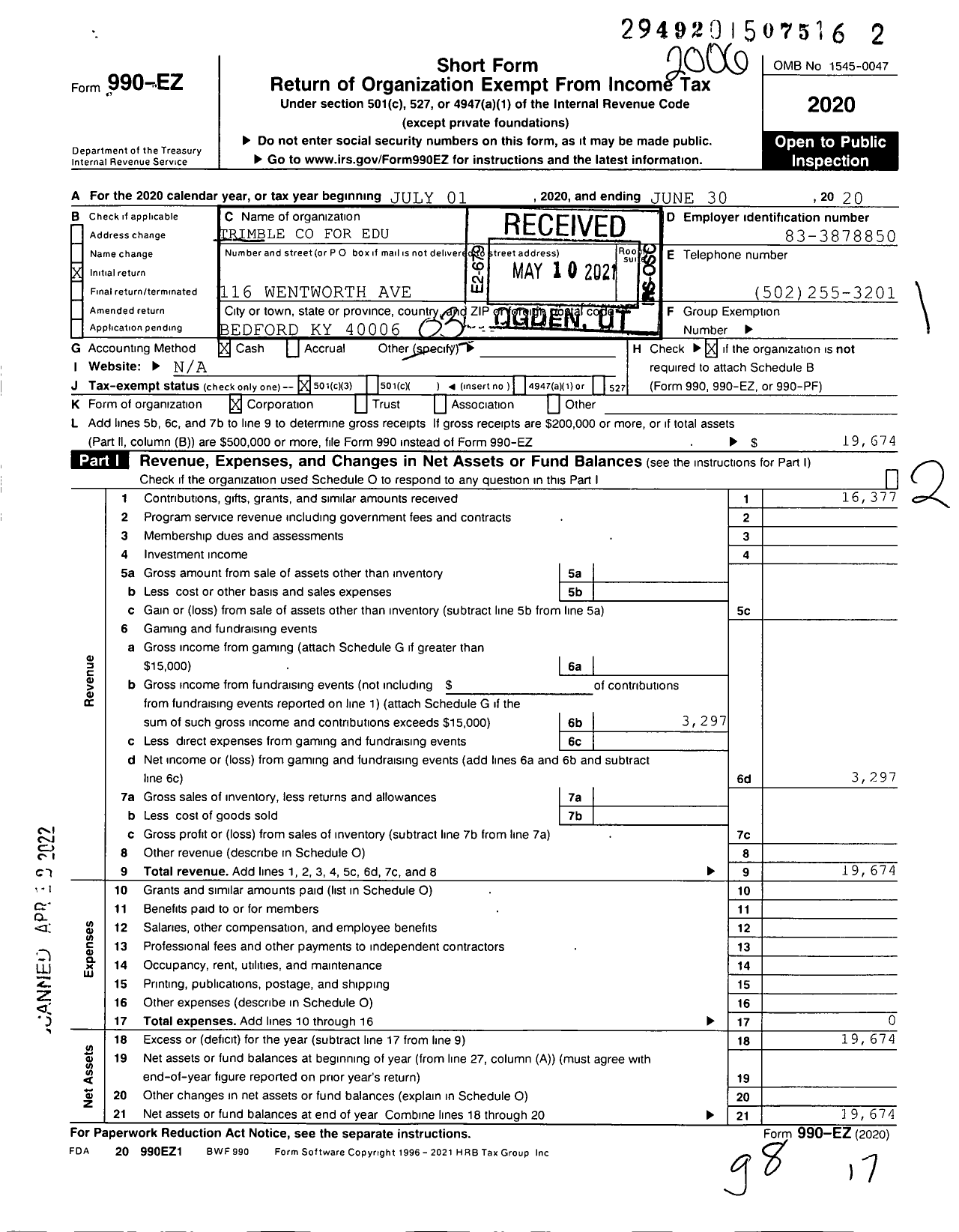 Image of first page of 2019 Form 990EZ for Trimble for Edu