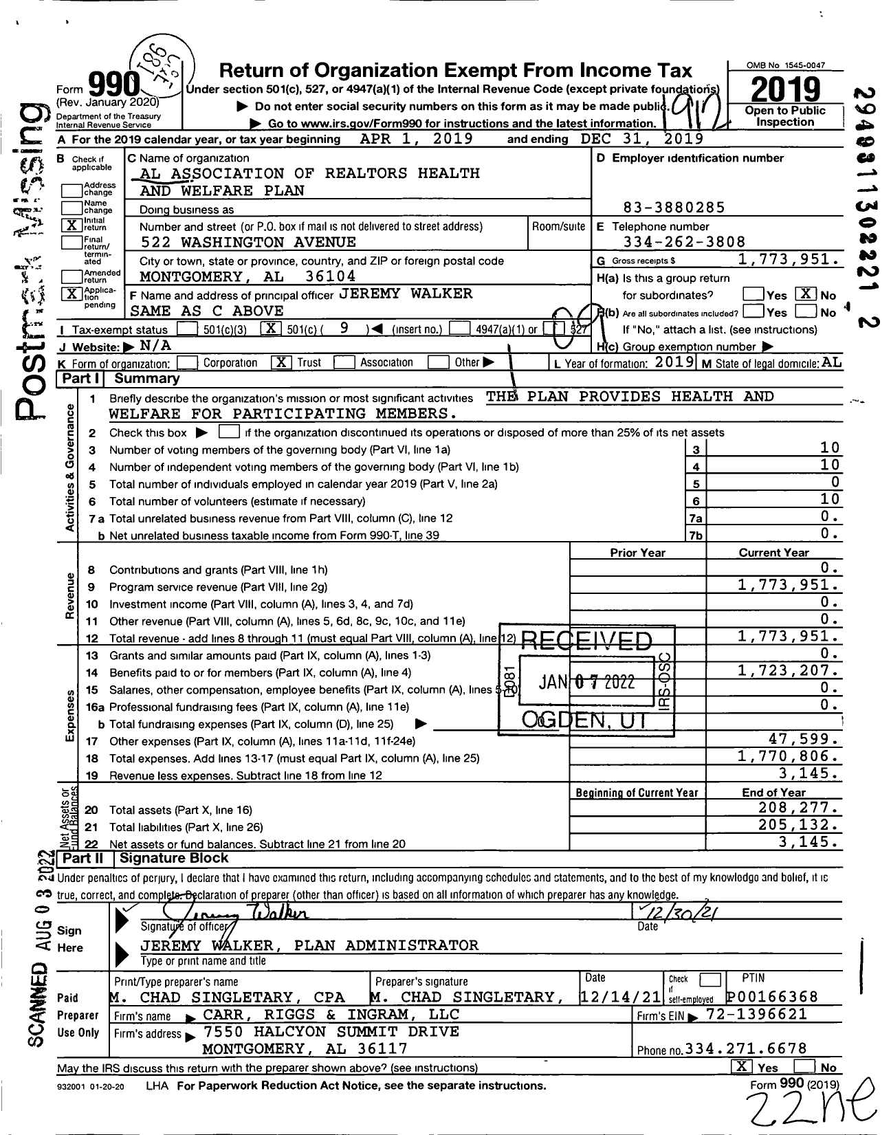 Image of first page of 2019 Form 990O for Alabama Association of Realtors Health and Welfare Plan