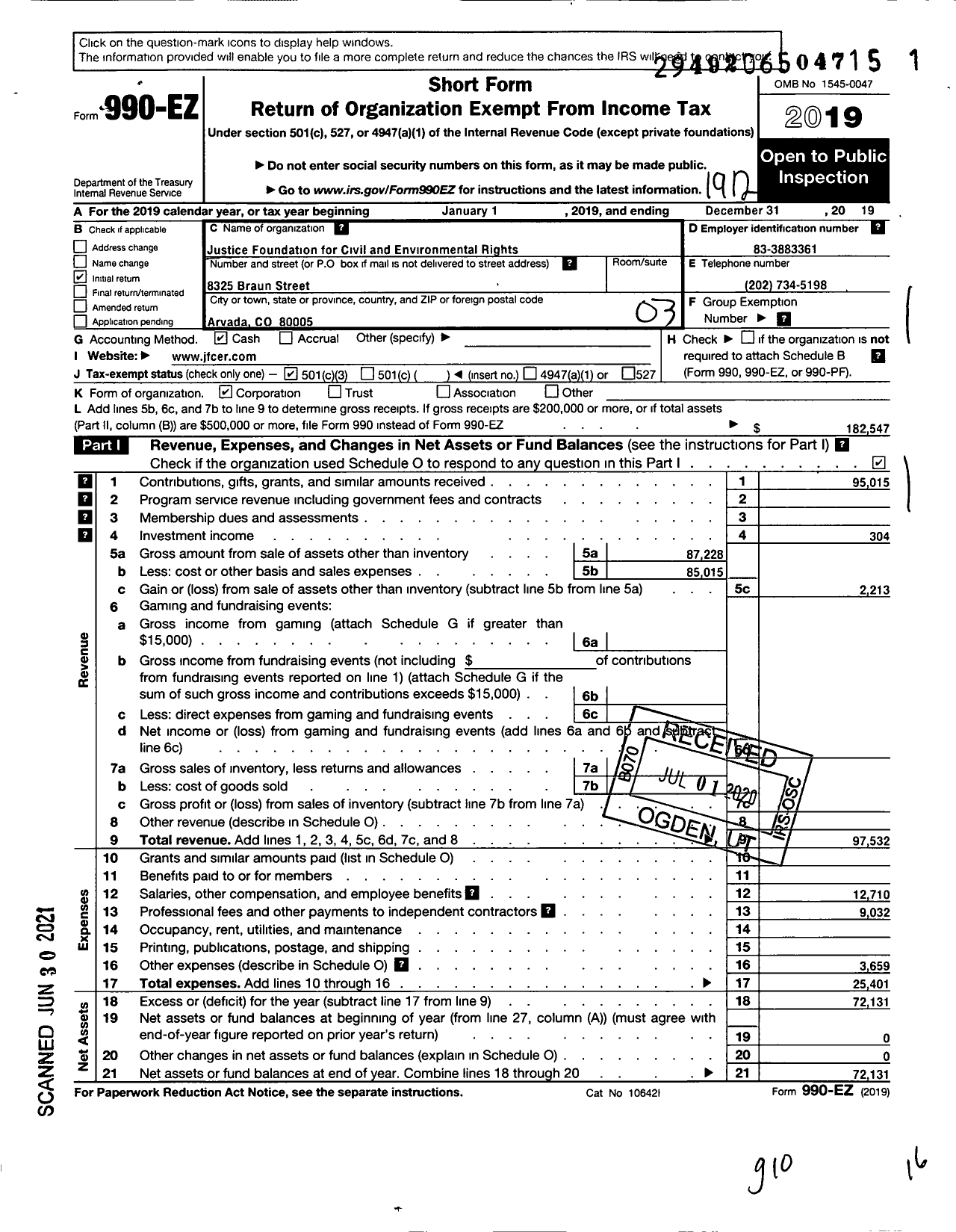 Image of first page of 2019 Form 990EZ for Justice Foundation for Civil and Environmental Rights