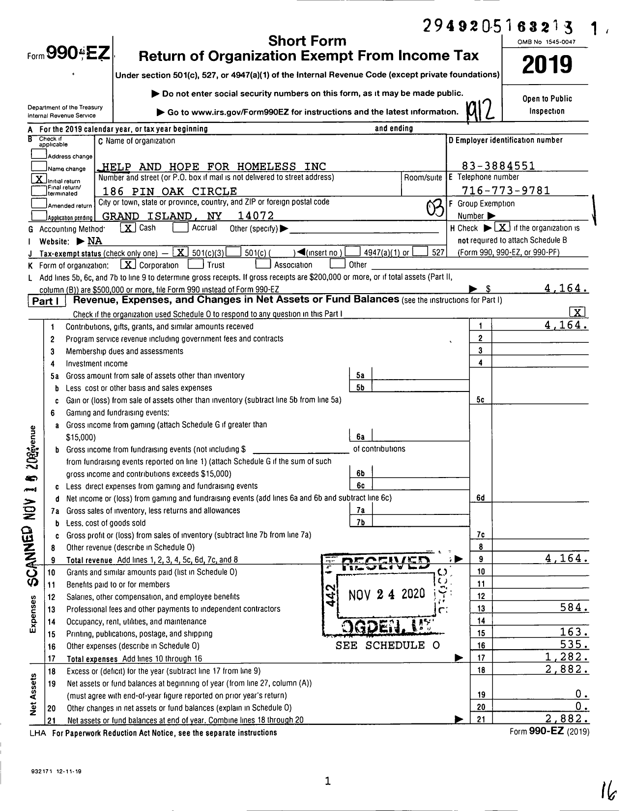 Image of first page of 2019 Form 990EZ for Help and Hope for Homeless