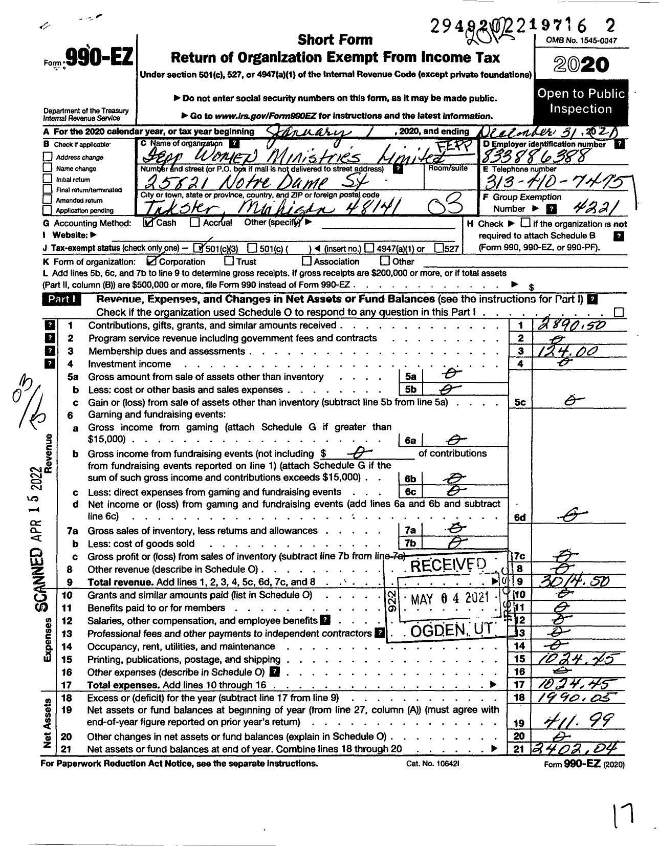 Image of first page of 2020 Form 990EZ for F E P P Women Ministries Limited