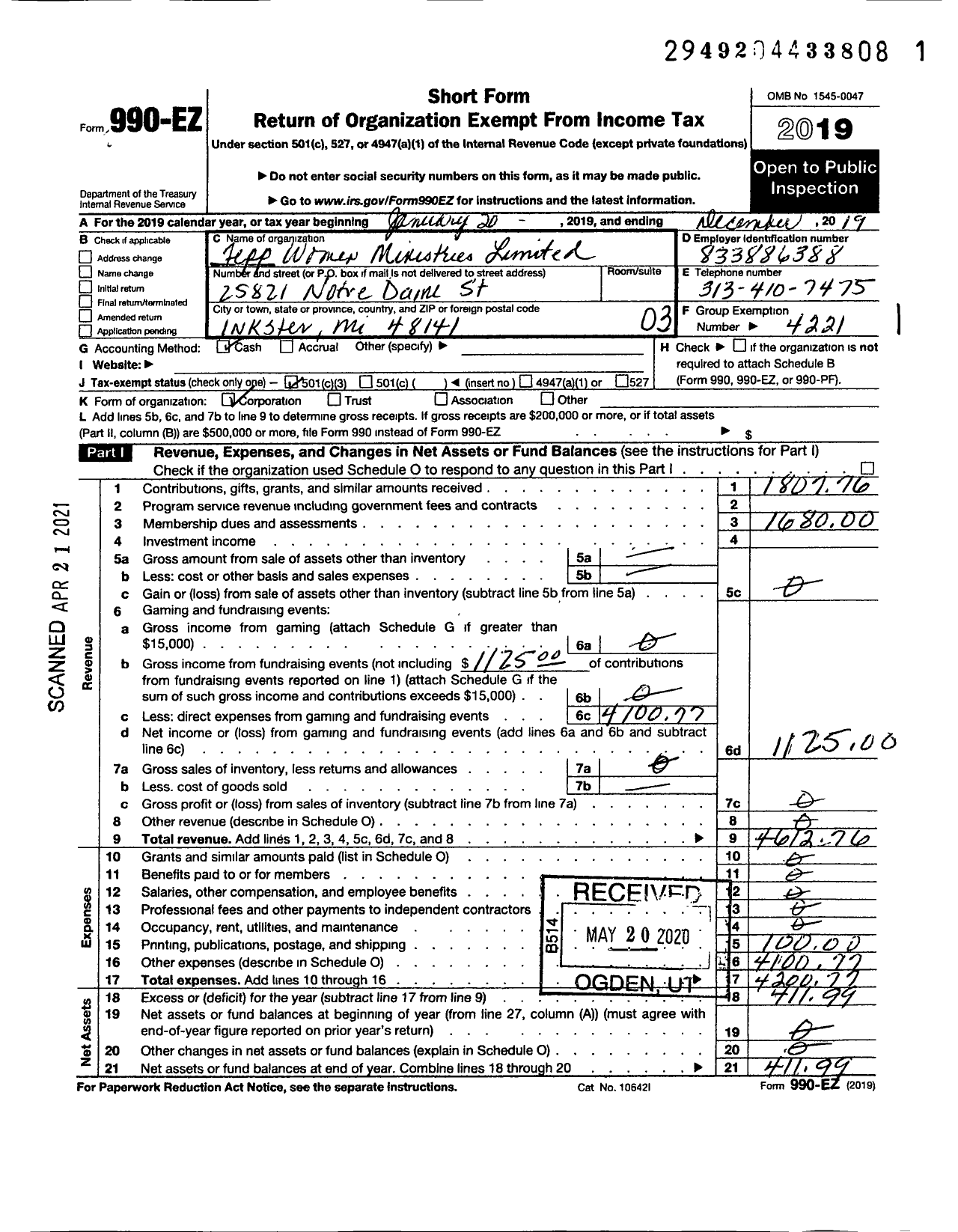 Image of first page of 2019 Form 990EZ for F E P P Women Ministries Limited