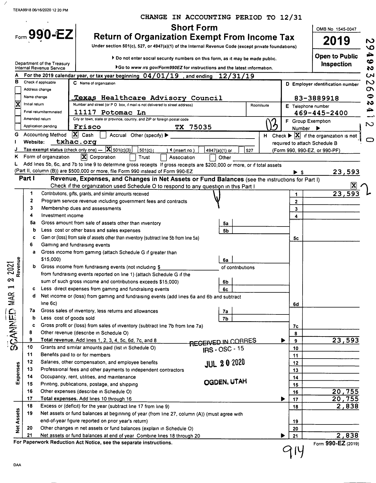 Image of first page of 2019 Form 990EZ for Texas Healthcare Advisory Council