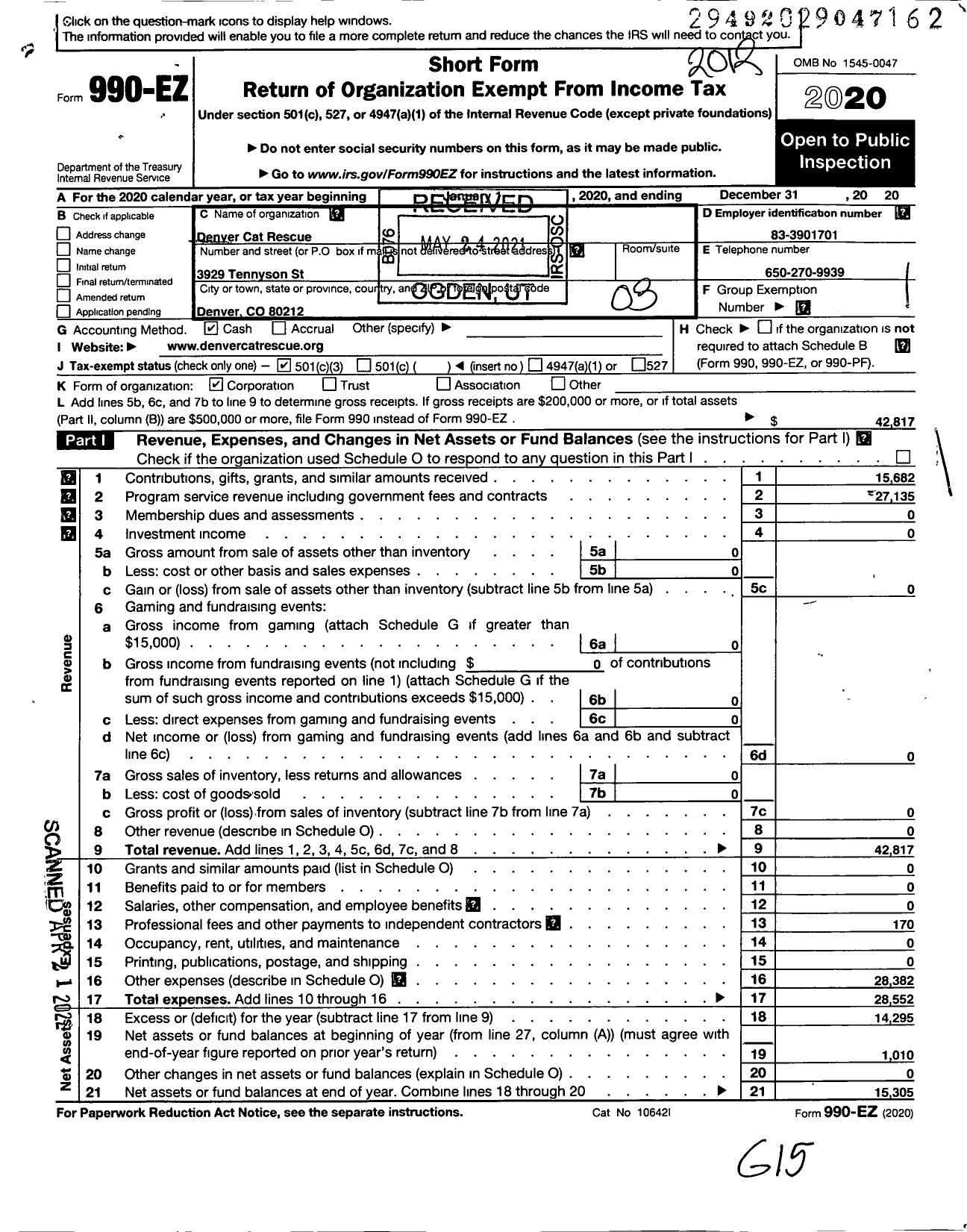 Image of first page of 2020 Form 990EZ for Denver Cat Rescue