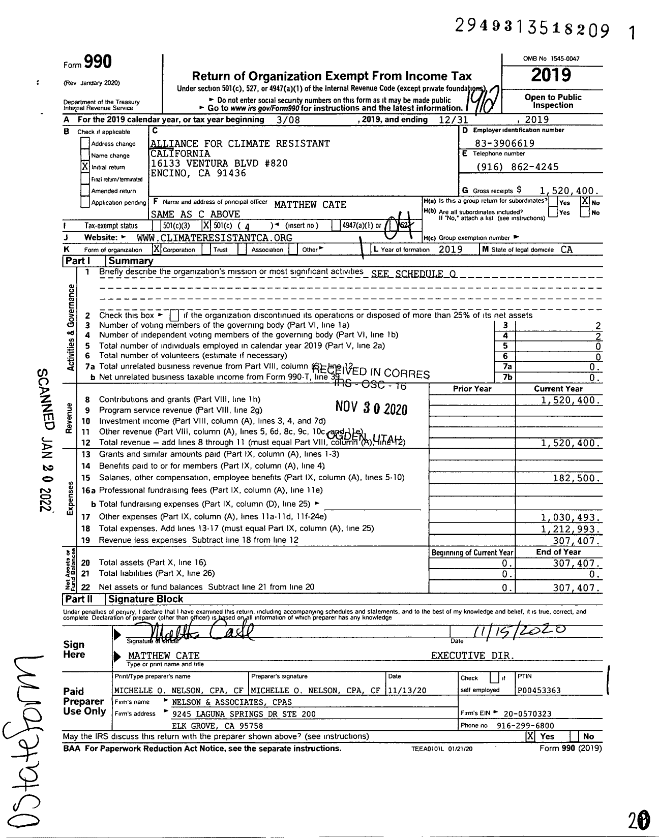 Image of first page of 2019 Form 990O for Alliance for Climate Resistant California