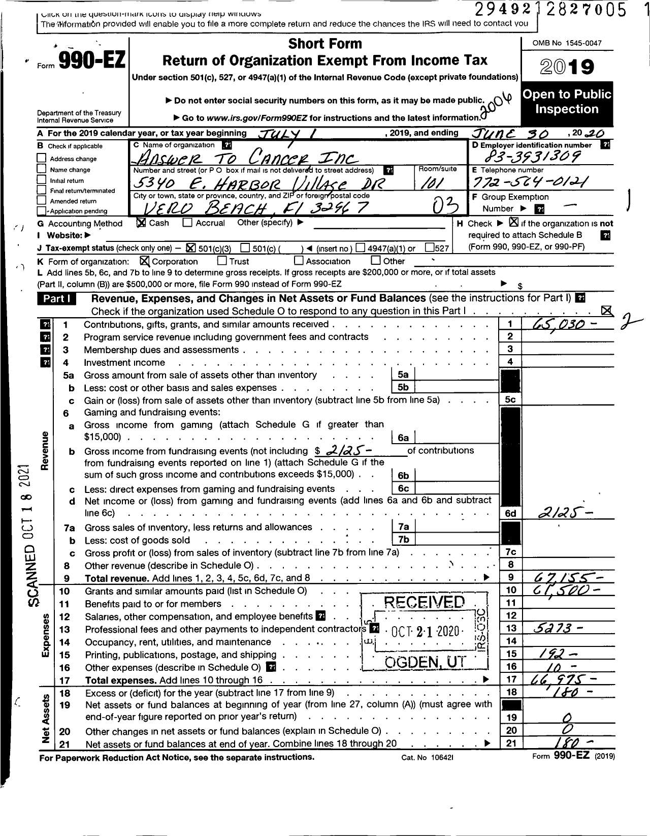 Image of first page of 2019 Form 990EZ for Answer To Cancer