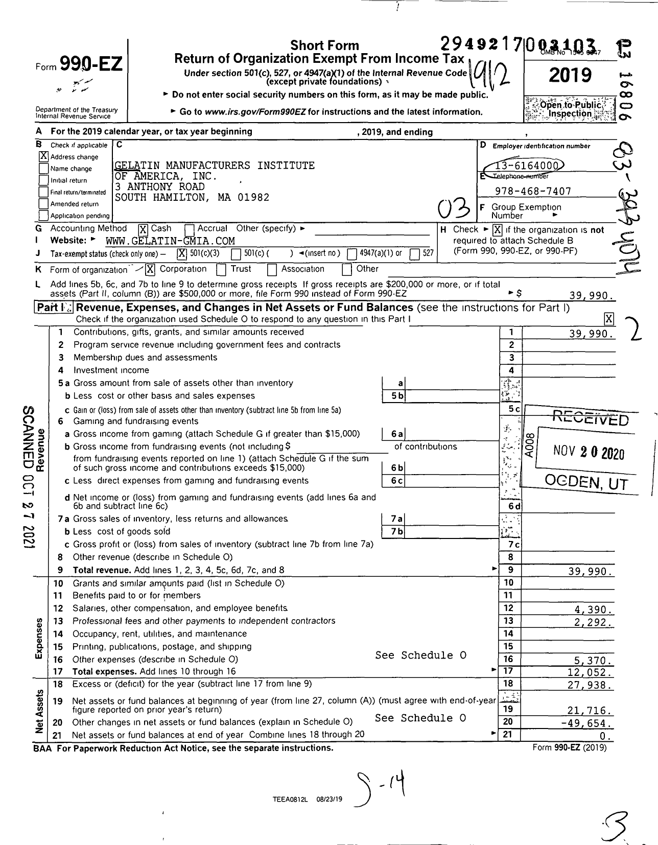 Image of first page of 2019 Form 990EZ for Gelatin Manufacturers Institute of America