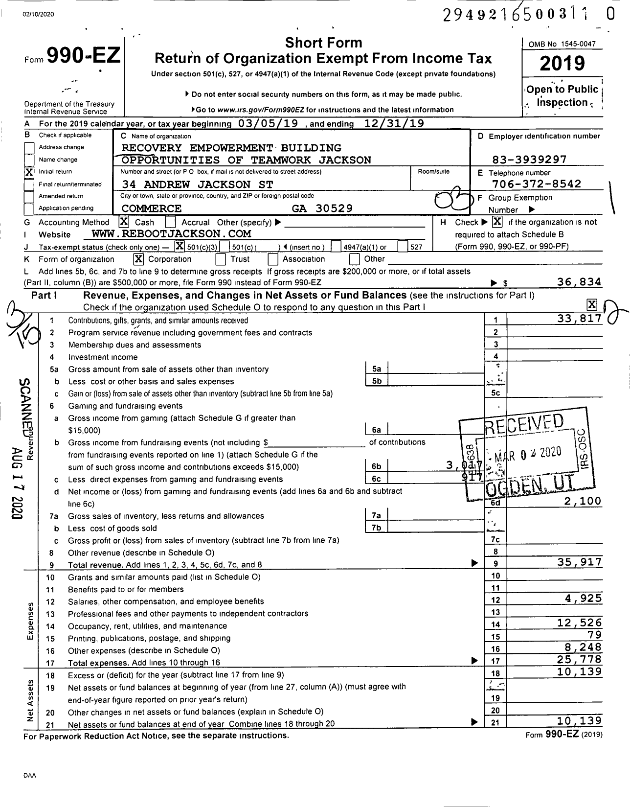 Image of first page of 2019 Form 990EZ for Reboot Jackson