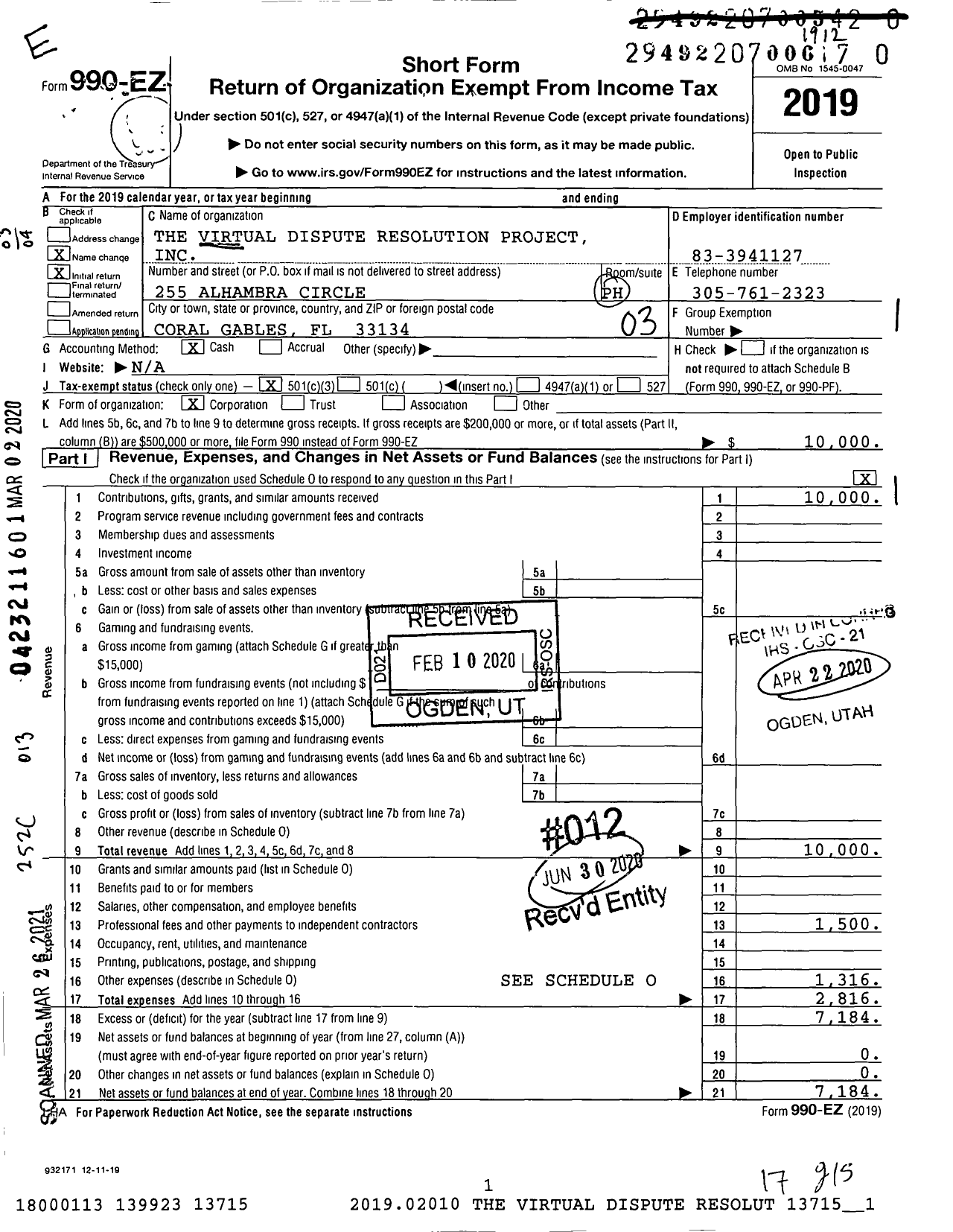 Image of first page of 2019 Form 990EZ for The Virtual Dispute Resolution Project