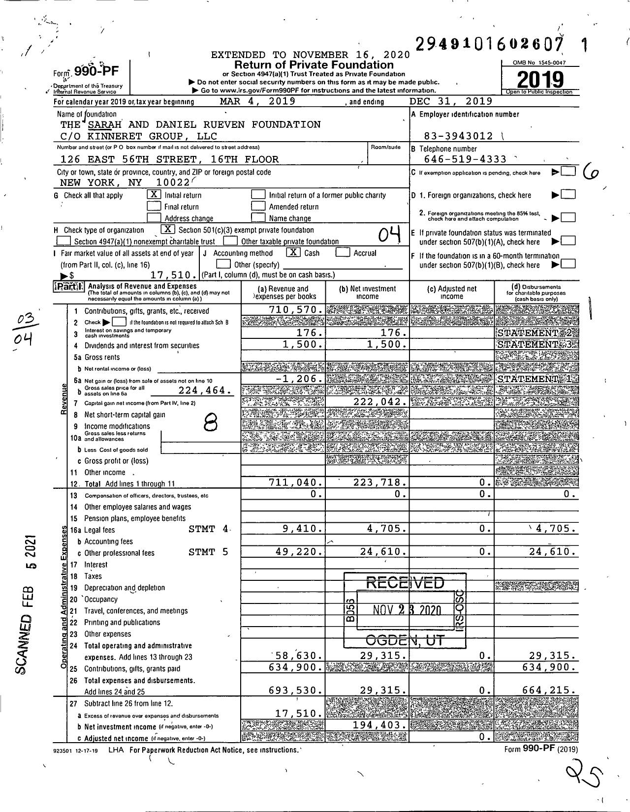 Image of first page of 2019 Form 990PF for The Sarah and Daniel Rueven Foundation