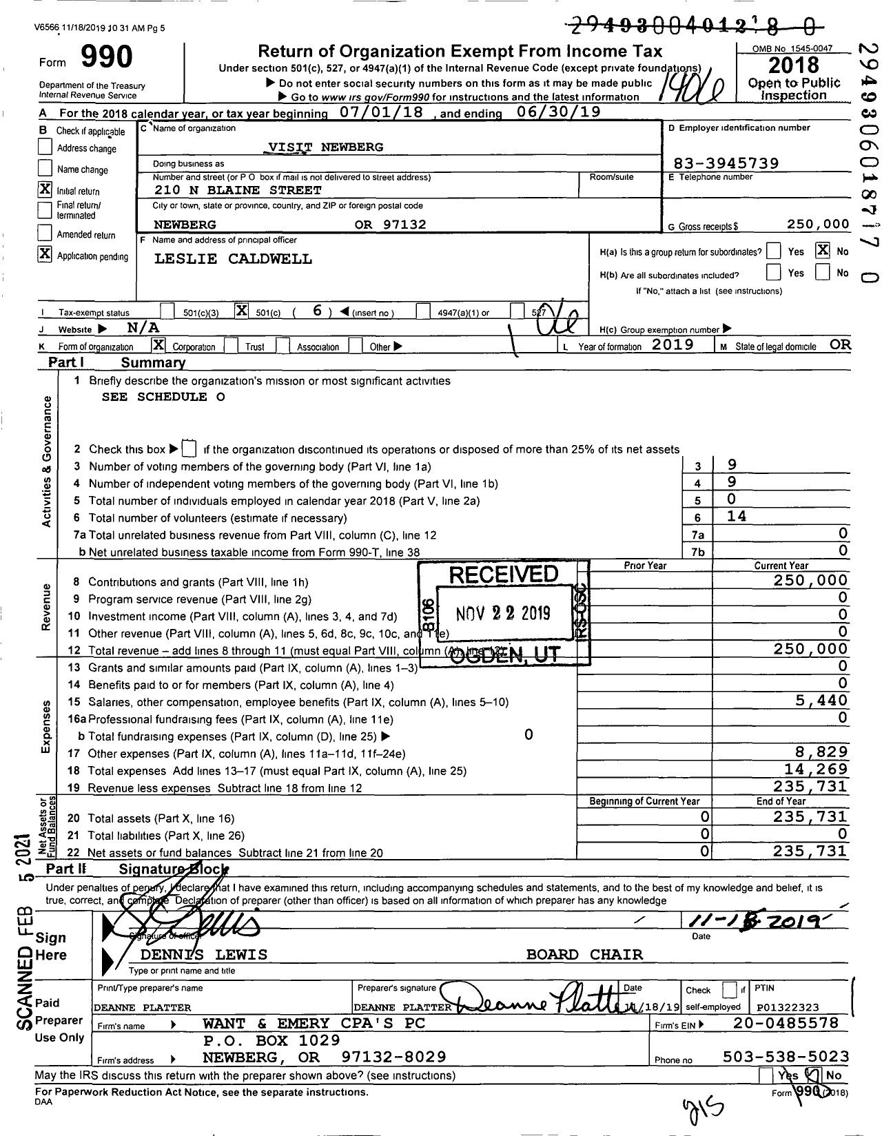 Image of first page of 2018 Form 990O for Taste Newberg