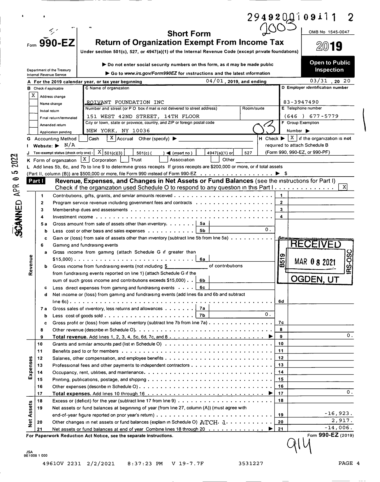 Image of first page of 2019 Form 990EZ for Roivant Social Ventures