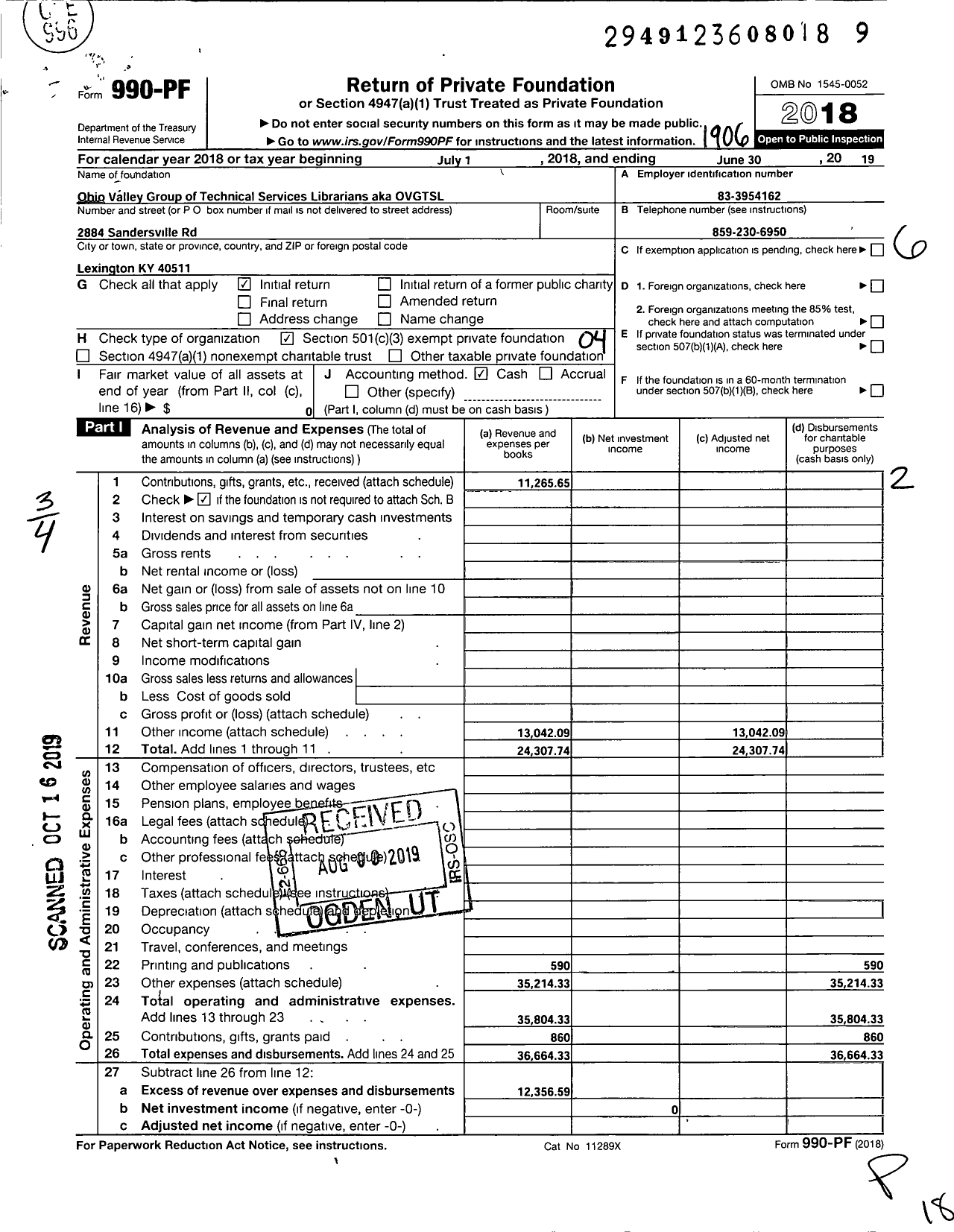 Image of first page of 2018 Form 990PF for Ohio Valley Group of Technical Services Librarians (OVGTSL)