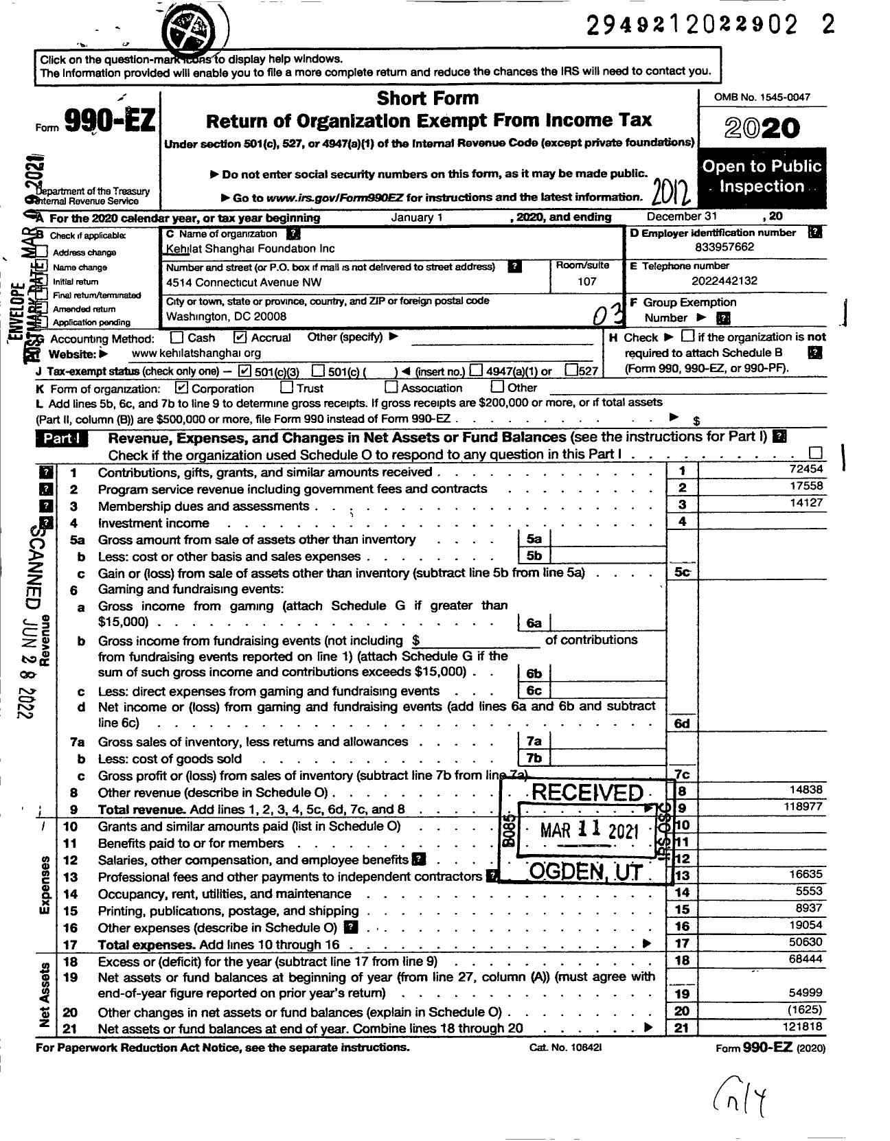 Image of first page of 2020 Form 990EZ for Kehilat Shanghai Foundation Incorporated