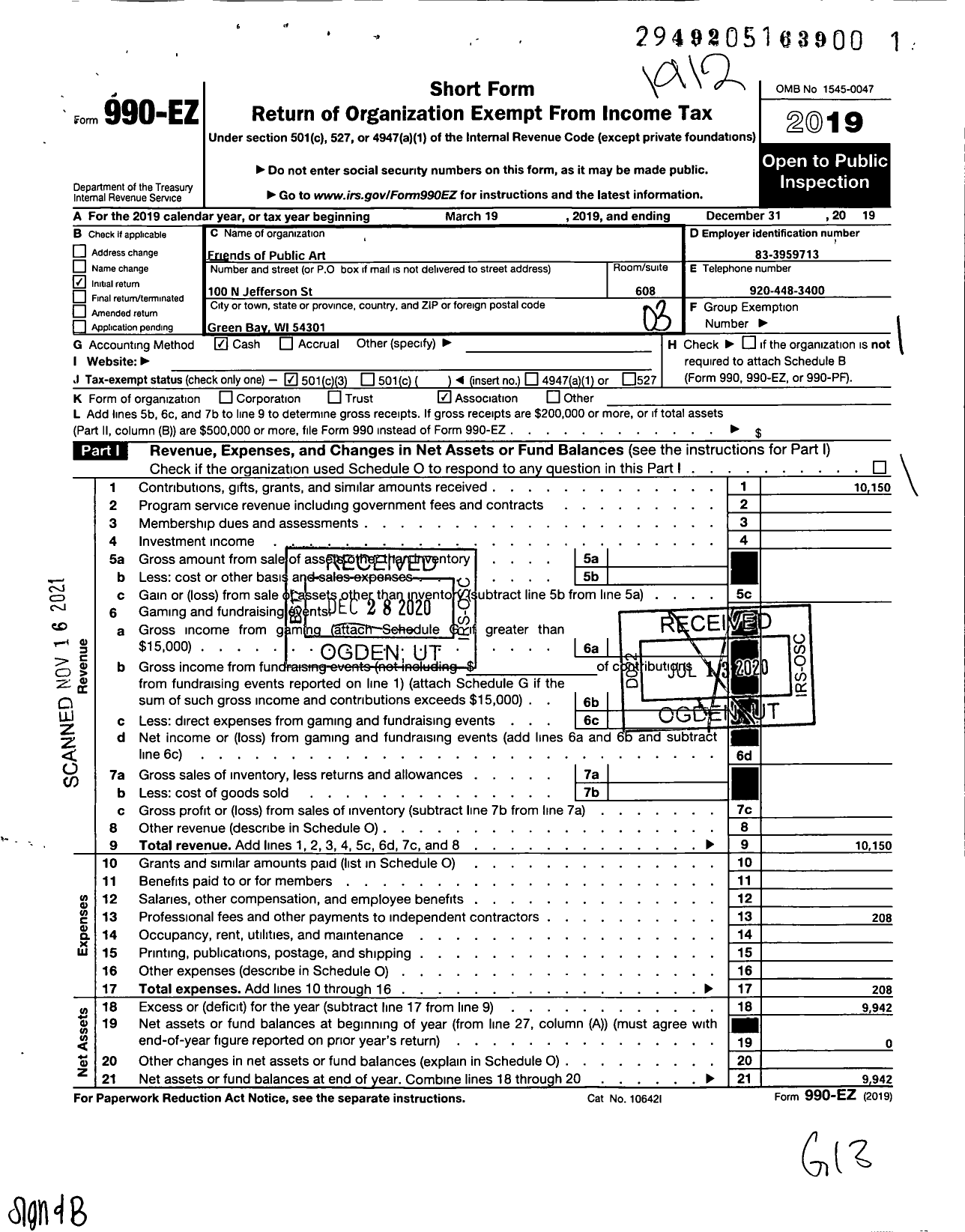 Image of first page of 2019 Form 990EZ for Friends of Public Art