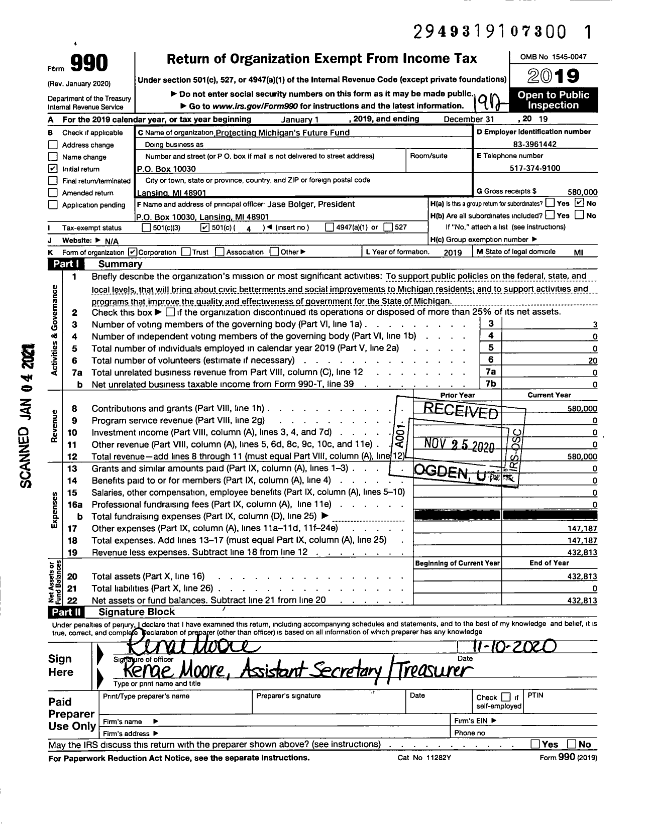 Image of first page of 2019 Form 990O for Protecting Michigans Future Fund