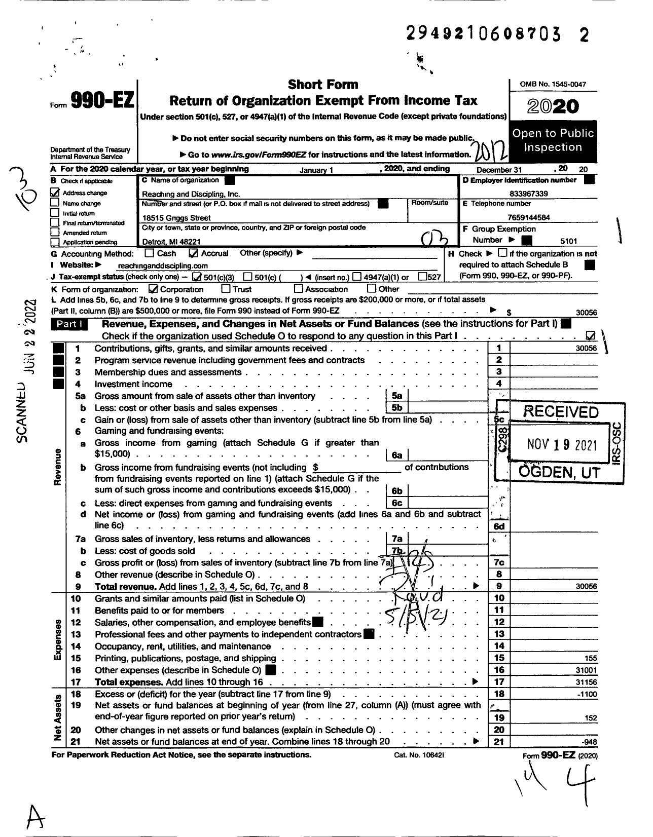 Image of first page of 2020 Form 990EZ for Reaching and Discipling