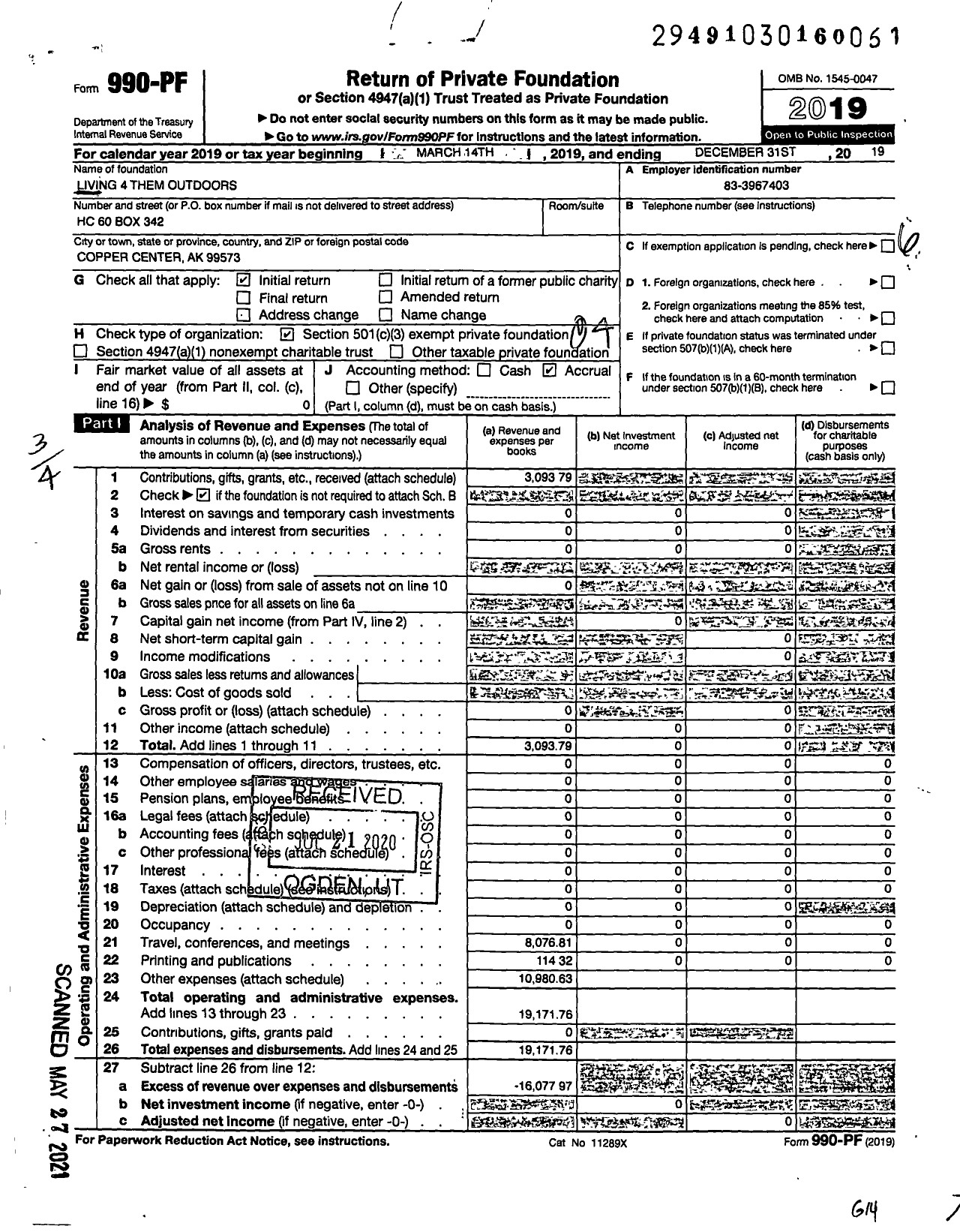 Image of first page of 2019 Form 990PF for Living 4 Them Outdoors