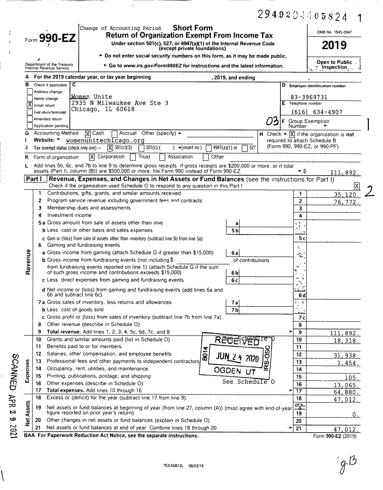 Image of first page of 2019 Form 990EZ for Women Unite Chicago