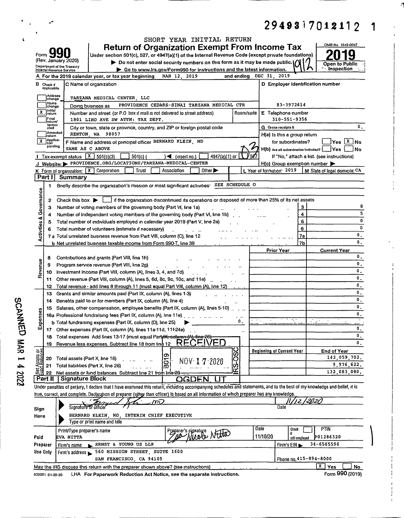 Image of first page of 2019 Form 990 for Providence Cedars-Sinai Tarzana Medical Center