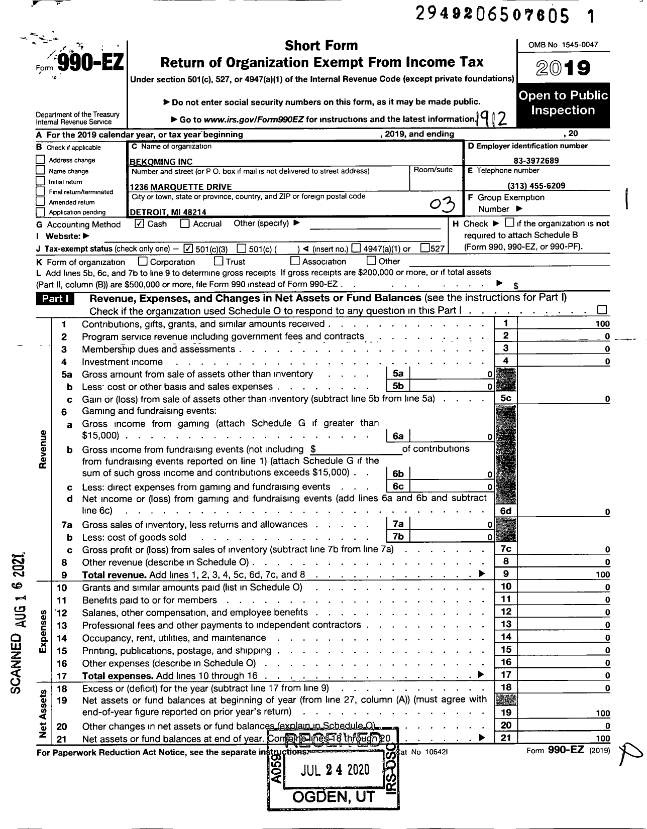 Image of first page of 2019 Form 990EZ for Bekoming