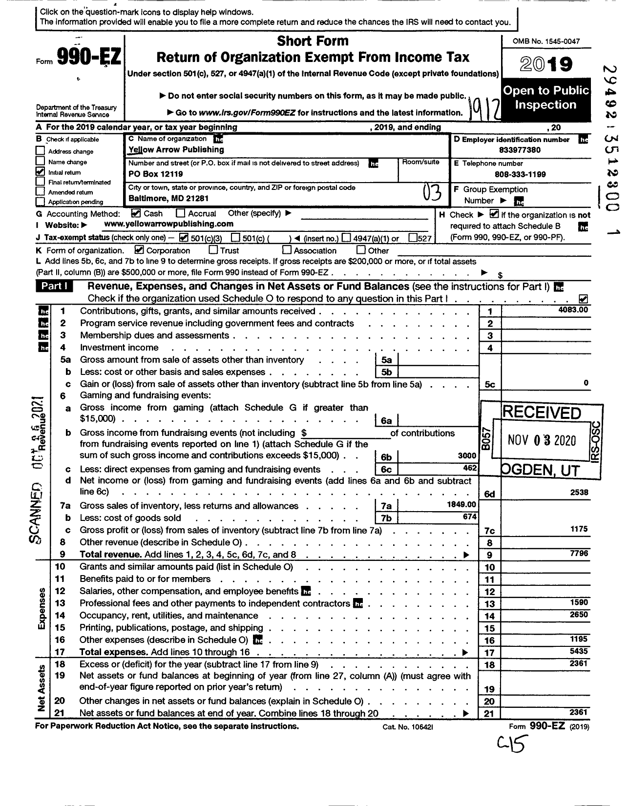 Image of first page of 2019 Form 990EZ for Yellow Arrow Publishing