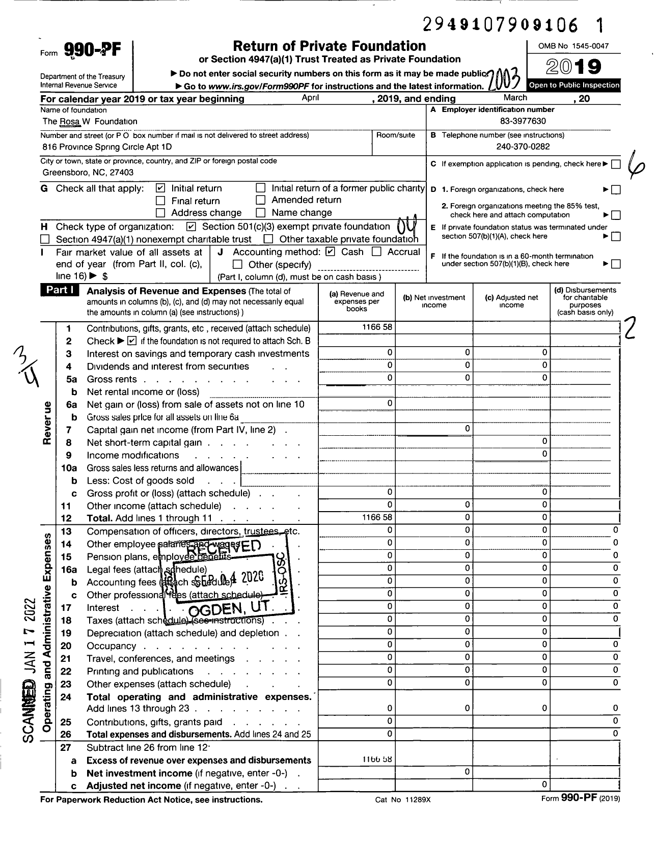 Image of first page of 2019 Form 990PF for Rosa W Foundation