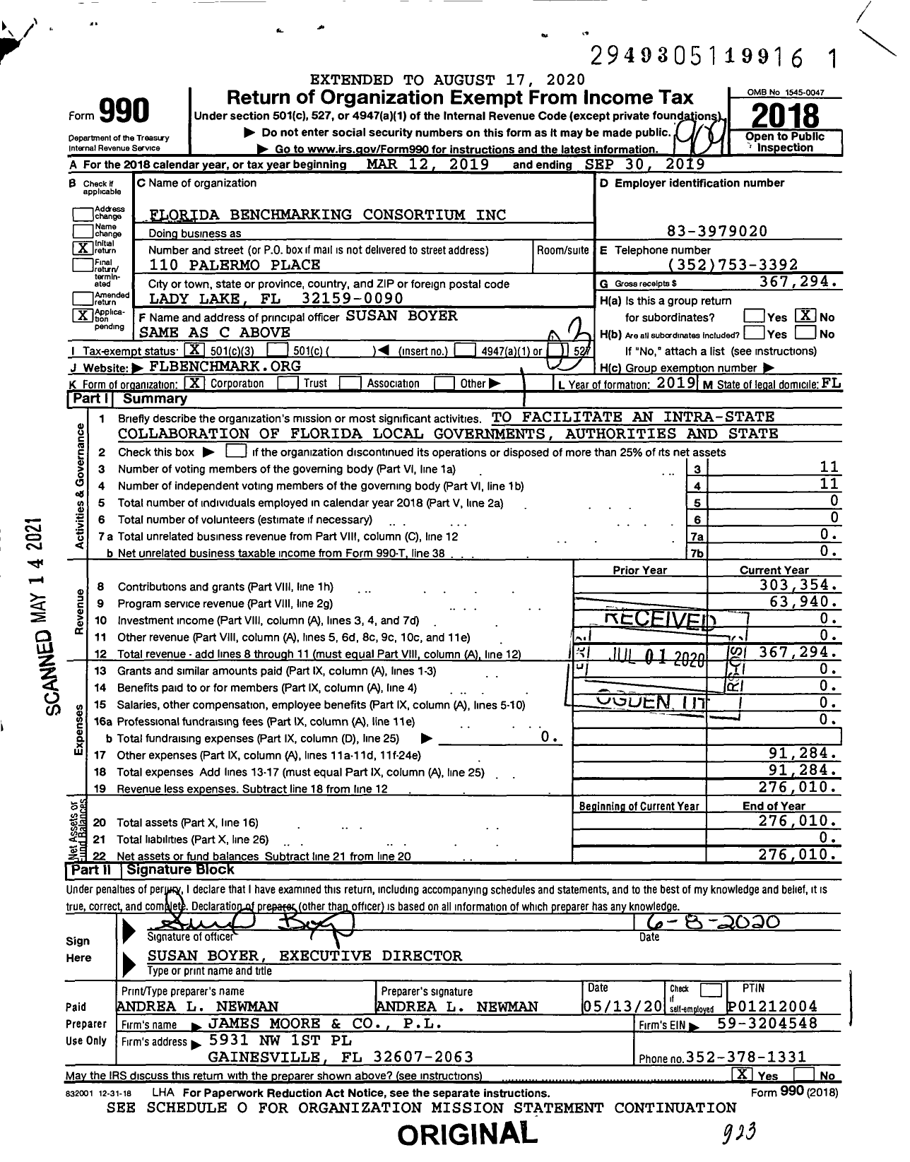 Image of first page of 2018 Form 990 for Florida Benchmarking Consortium