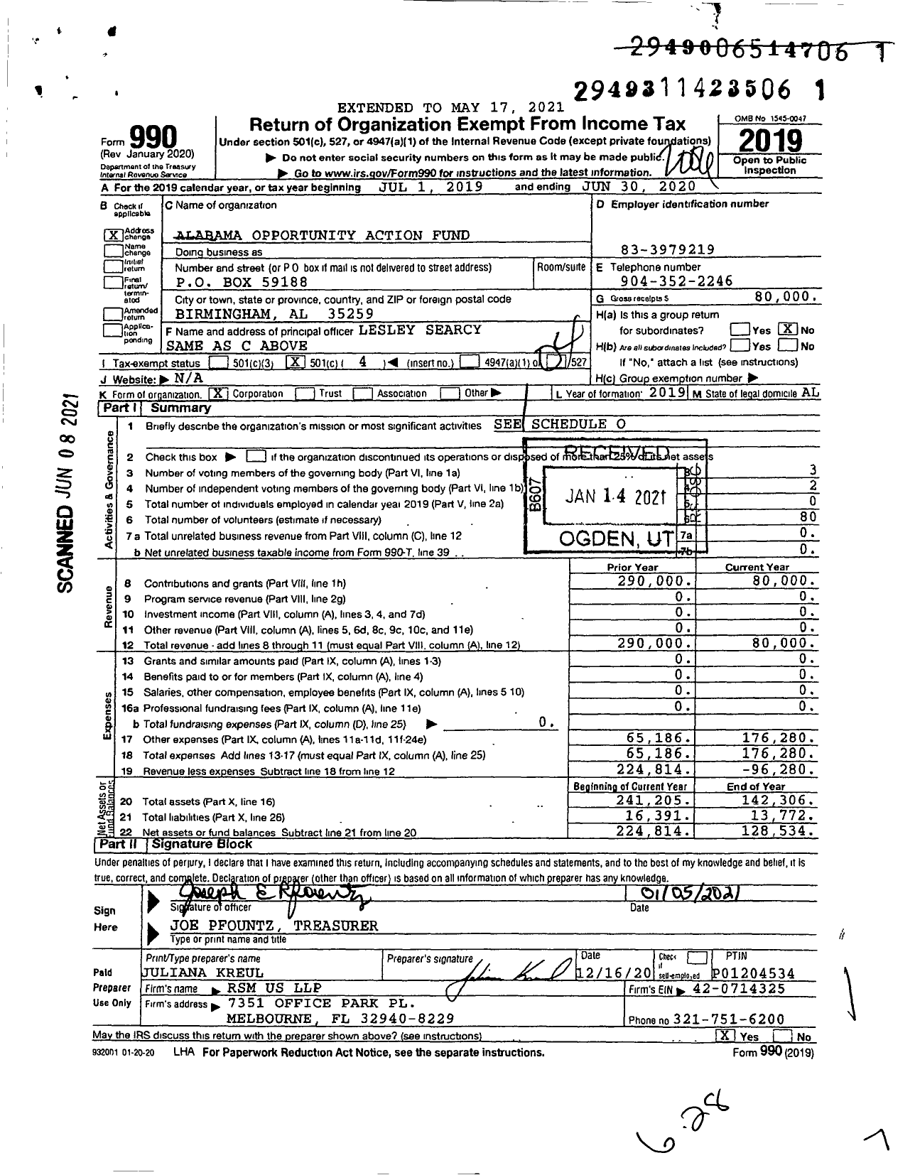 Image of first page of 2019 Form 990O for Alabama Opportunity Action Fund