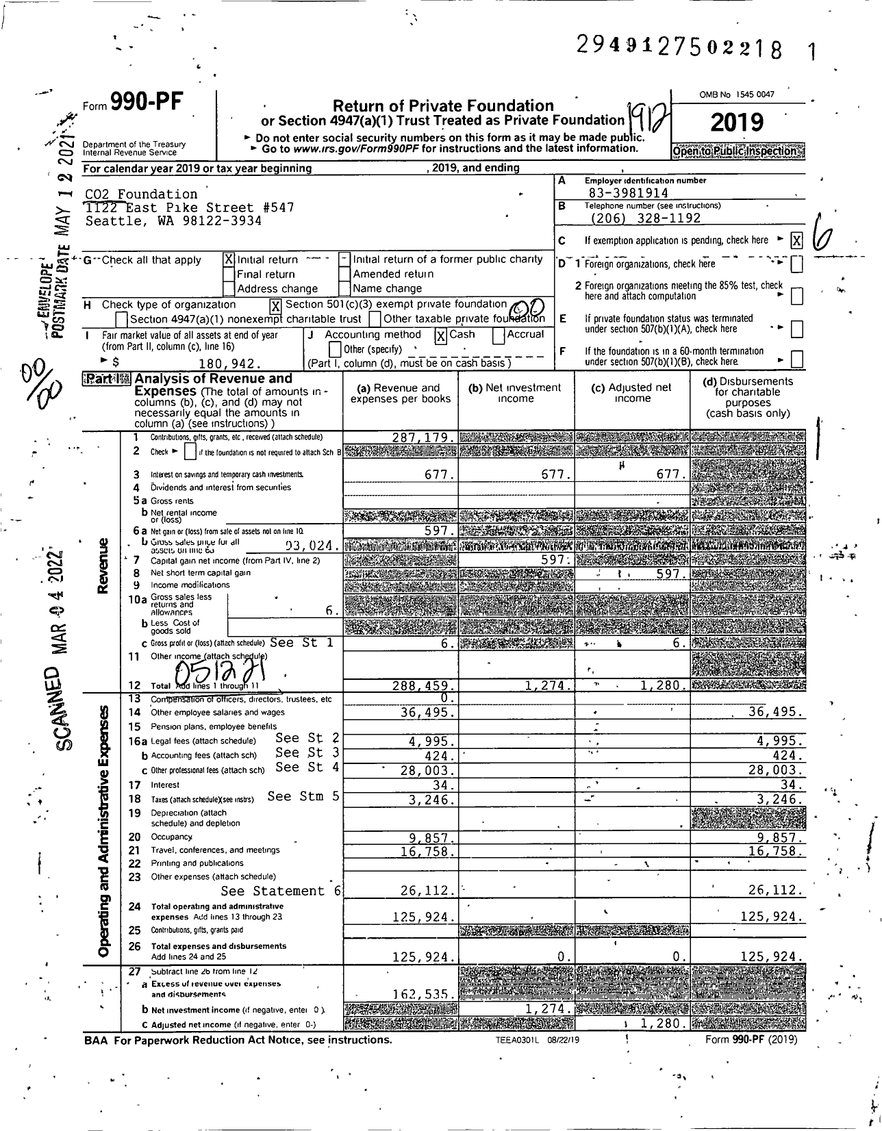 Image of first page of 2019 Form 990PF for CO2 Foundation