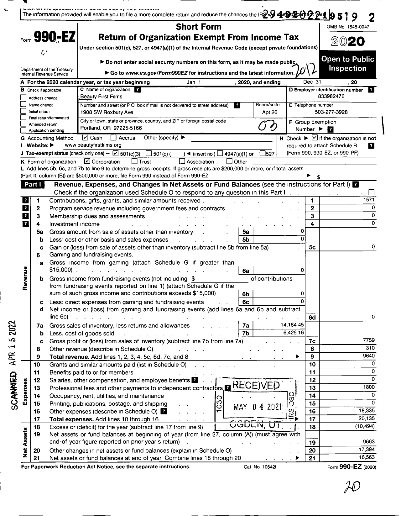 Image of first page of 2020 Form 990EZ for Beauty First Films