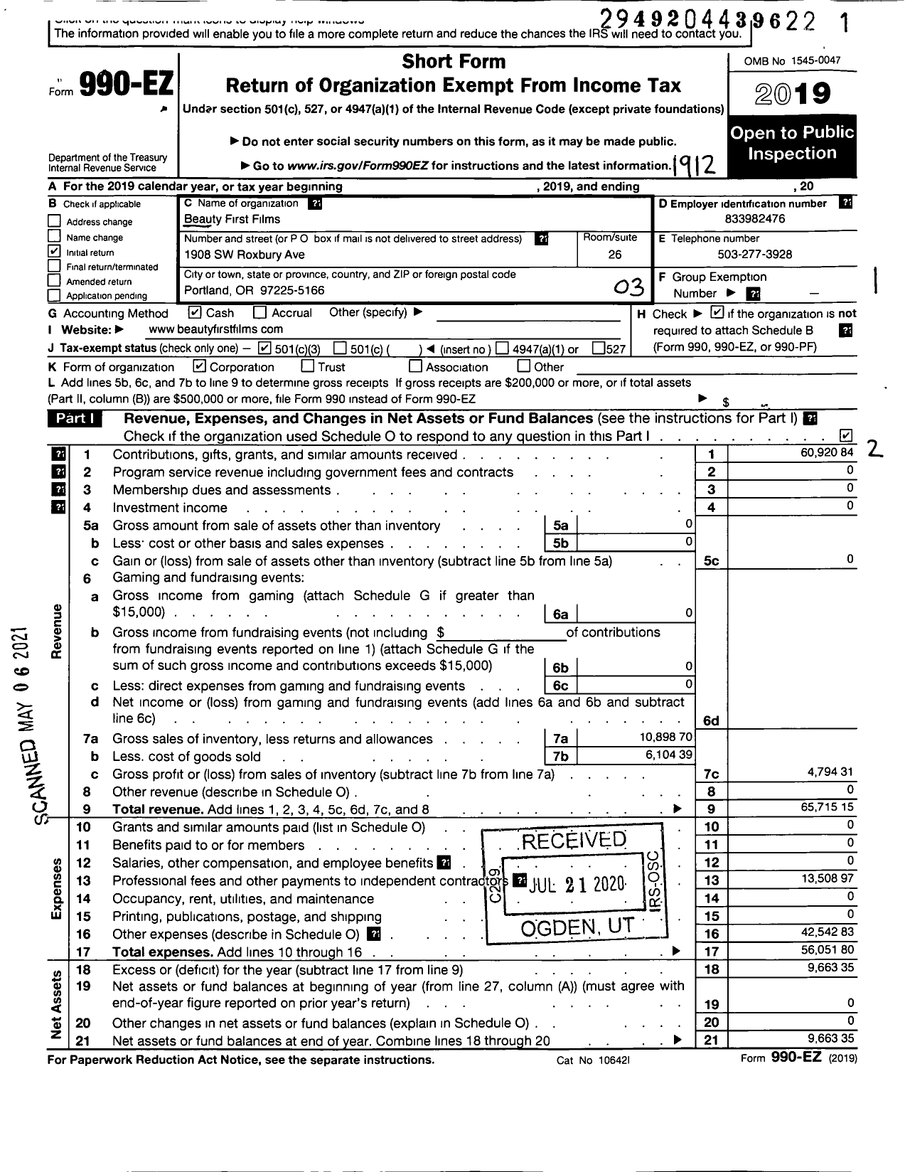 Image of first page of 2019 Form 990EZ for Beauty First Films