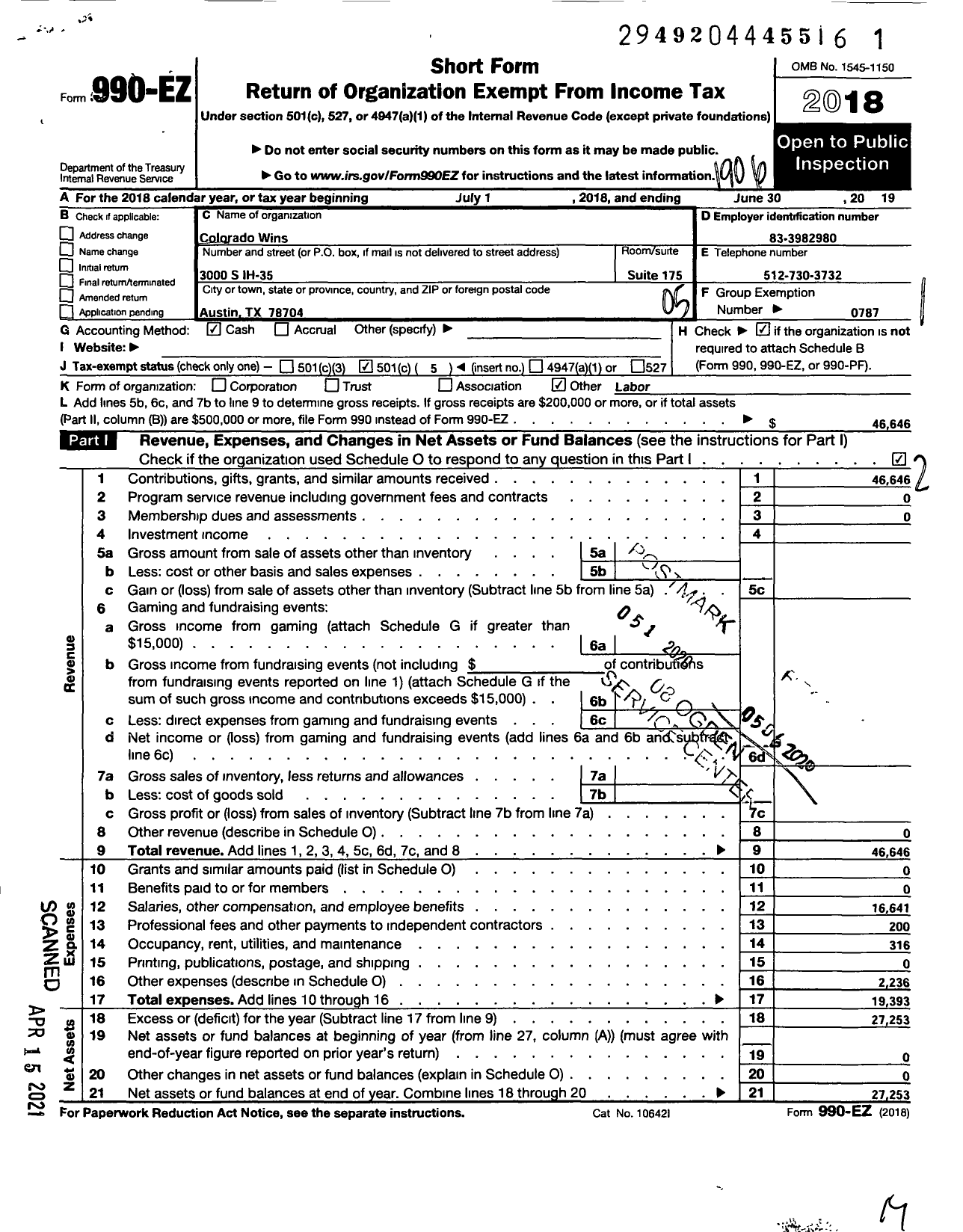 Image of first page of 2018 Form 990EO for AMERICAN FEDERATION OF TEACHERS - Colorado WINS