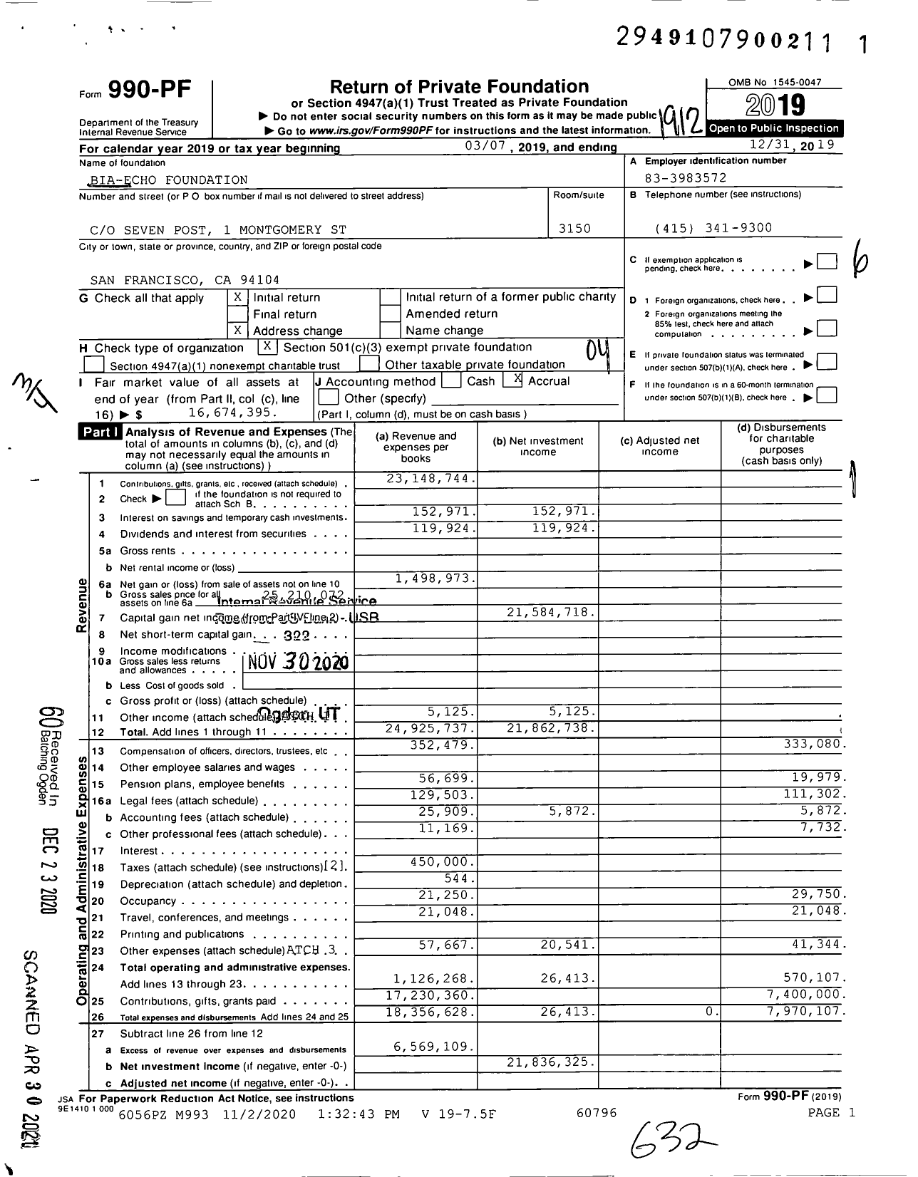 Image of first page of 2019 Form 990PF for Bia-Echo Foundation