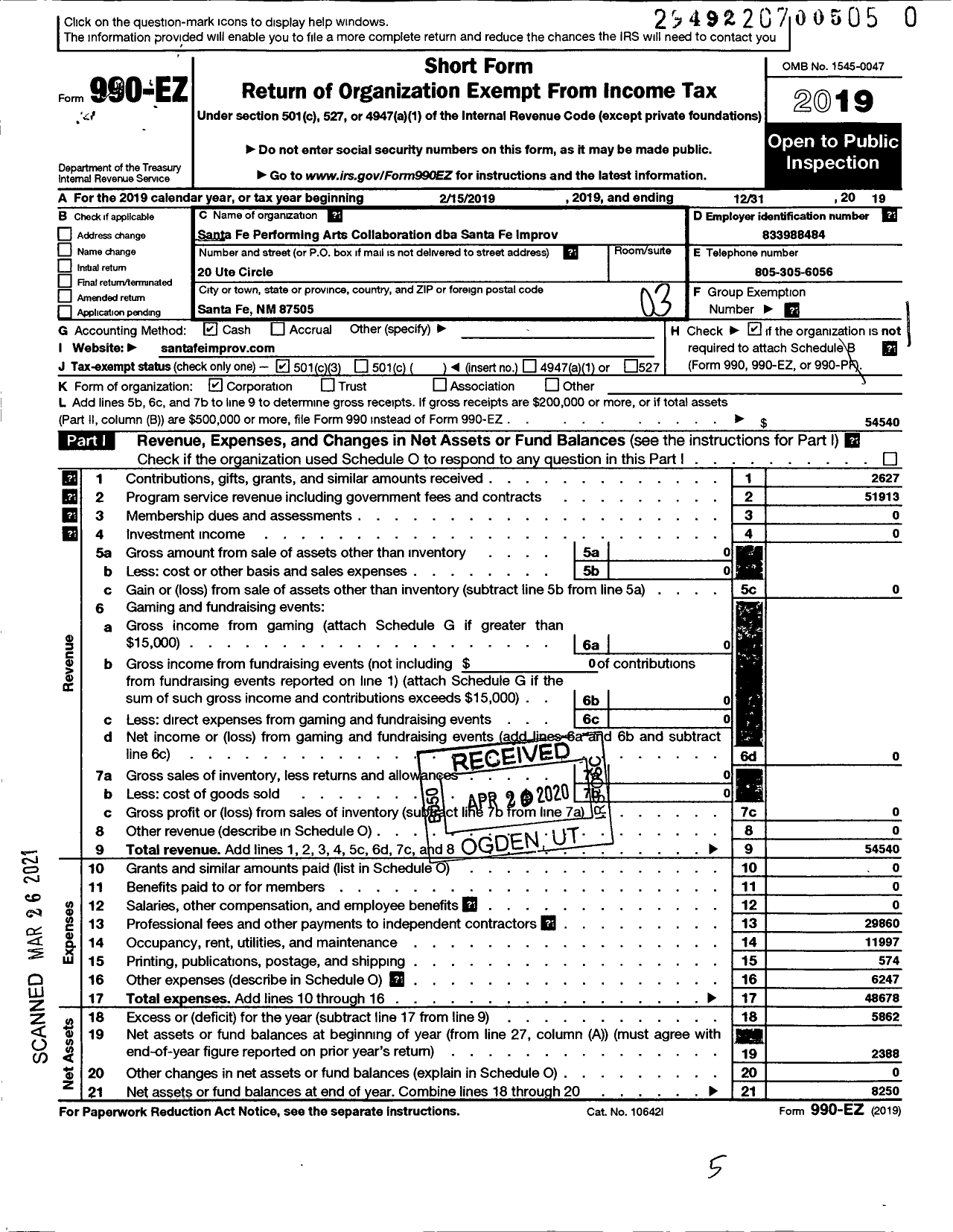 Image of first page of 2019 Form 990EZ for Santa Fe Performing Arts Collaboration