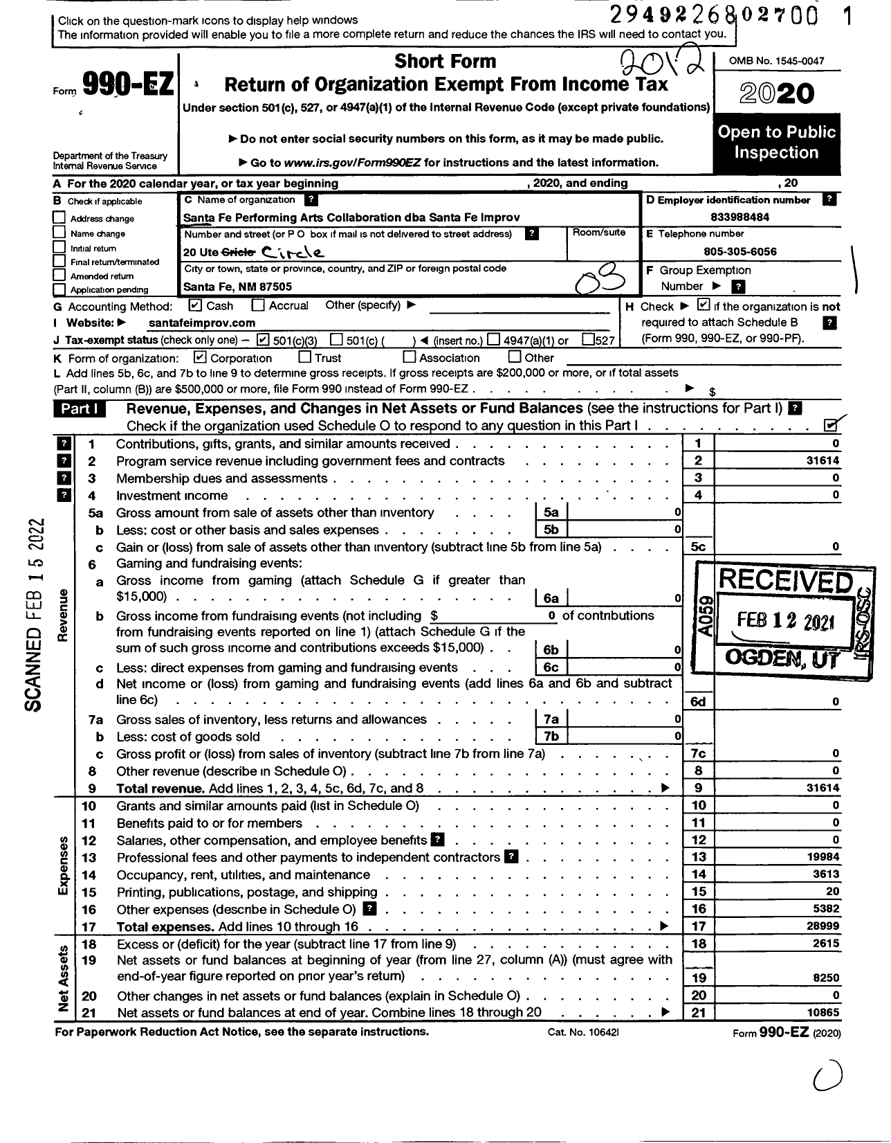 Image of first page of 2020 Form 990EZ for Santa Fe Performing Arts Collaboration