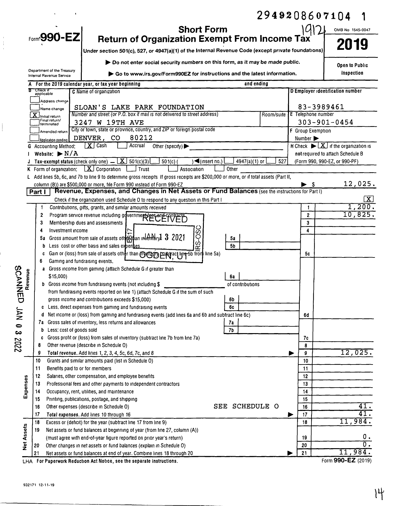 Image of first page of 2019 Form 990EZ for Sloan's Lake Park Foundation