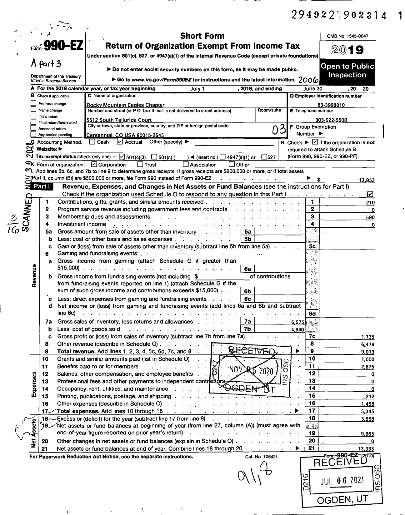 Image of first page of 2019 Form 990EZ for Rocky Mountain Eagles Chapter