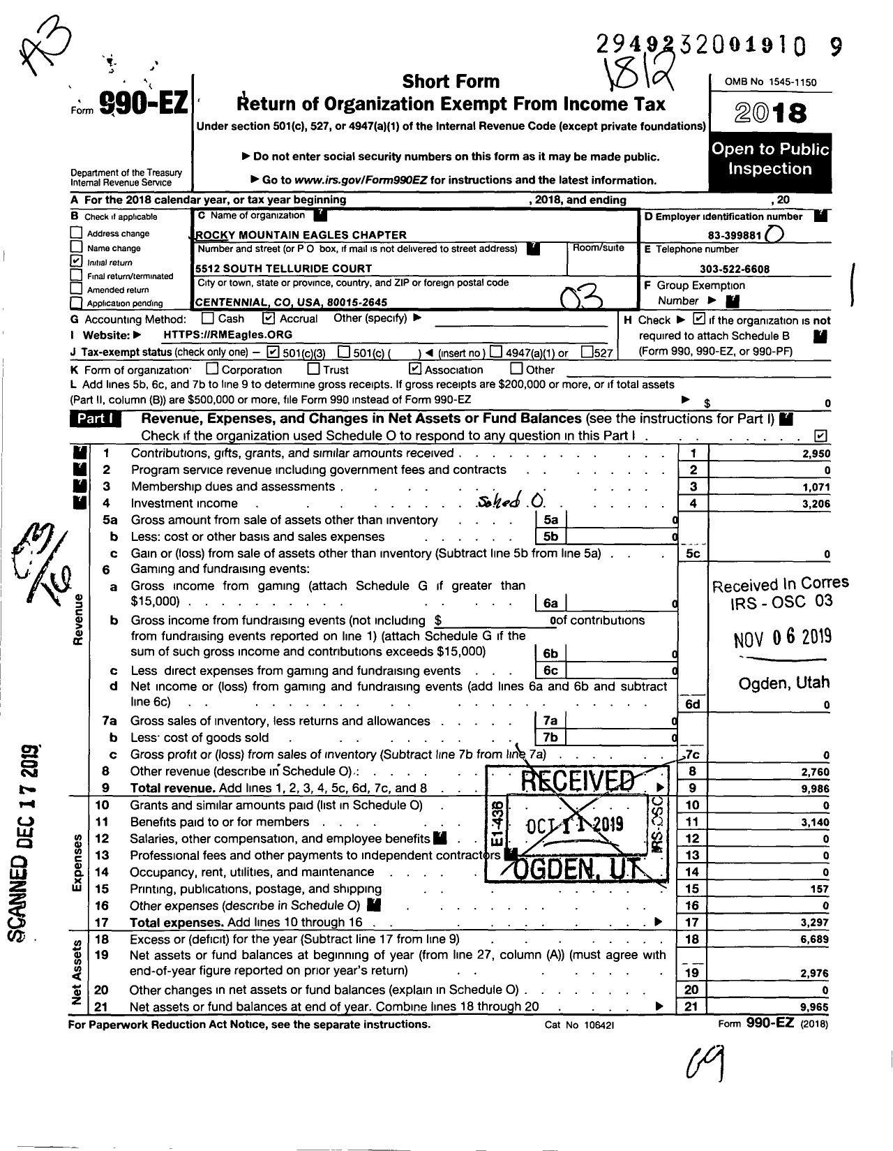 Image of first page of 2018 Form 990EZ for Rocky Mountain Eagles Chapter