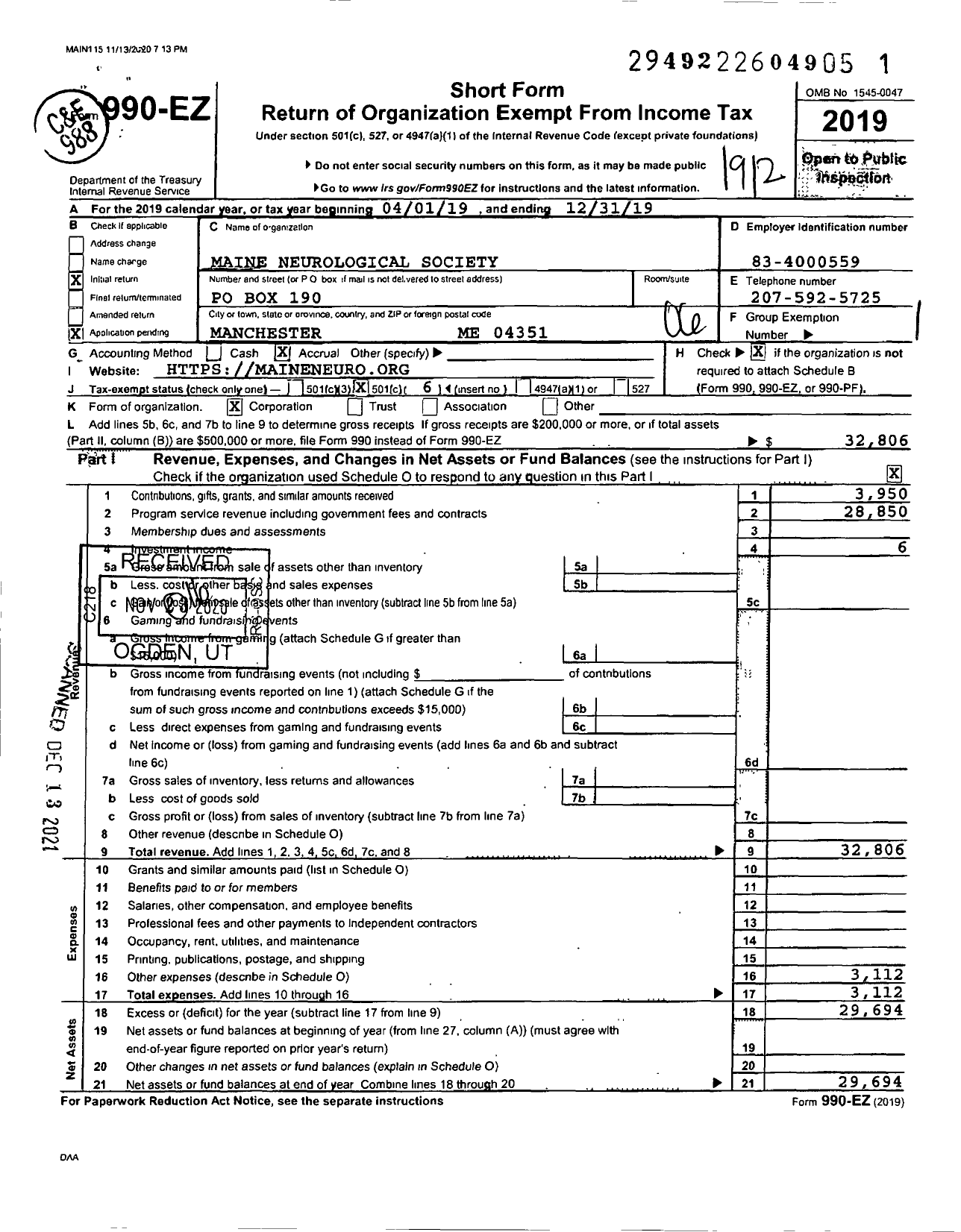 Image of first page of 2019 Form 990EO for Maine Neurological Society