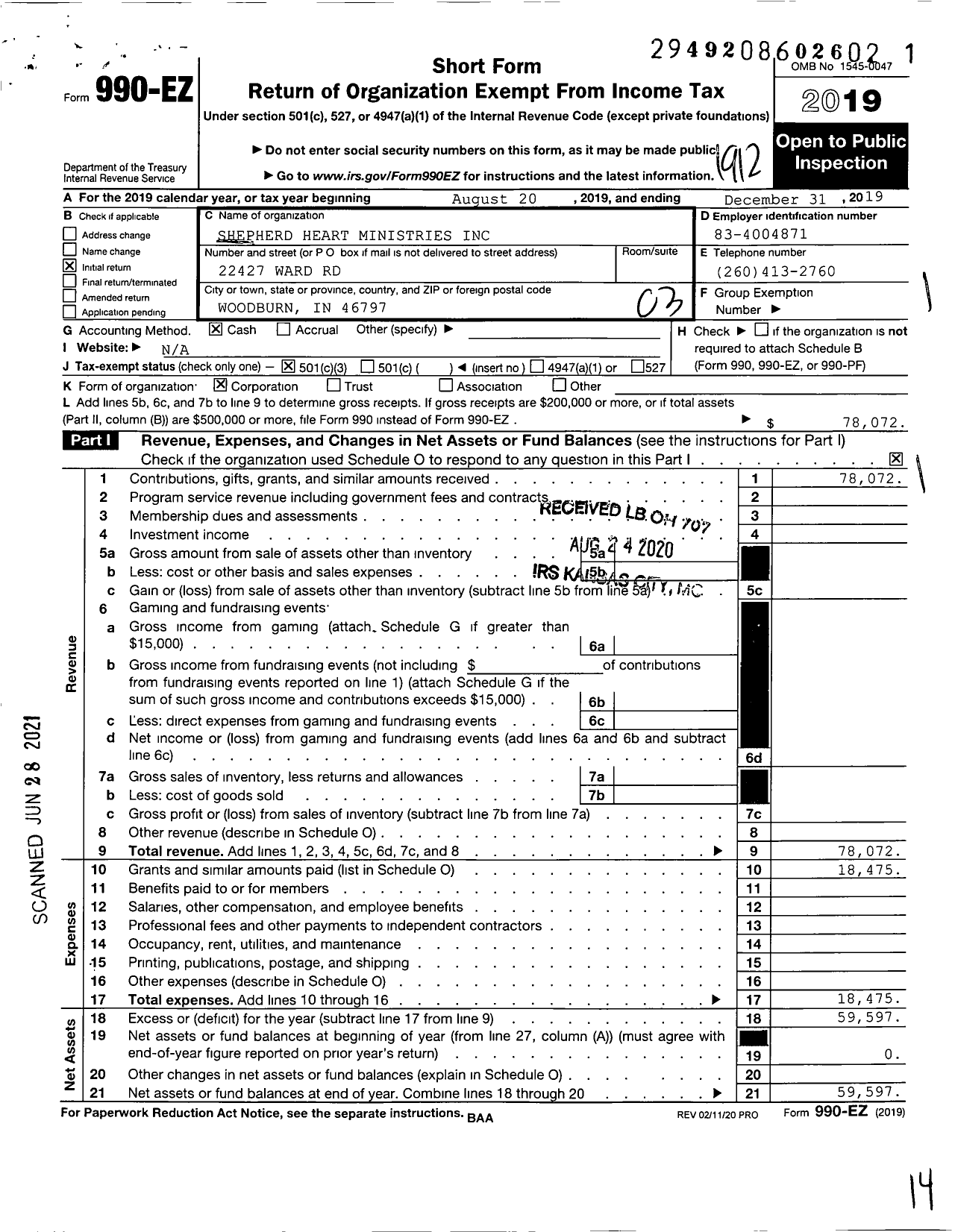 Image of first page of 2019 Form 990EZ for Shepherd Heart Ministries