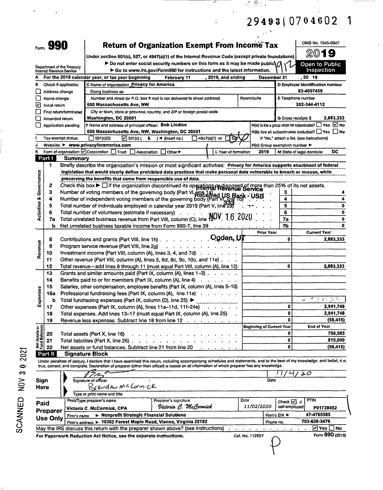 Image of first page of 2019 Form 990O for Privacy for America