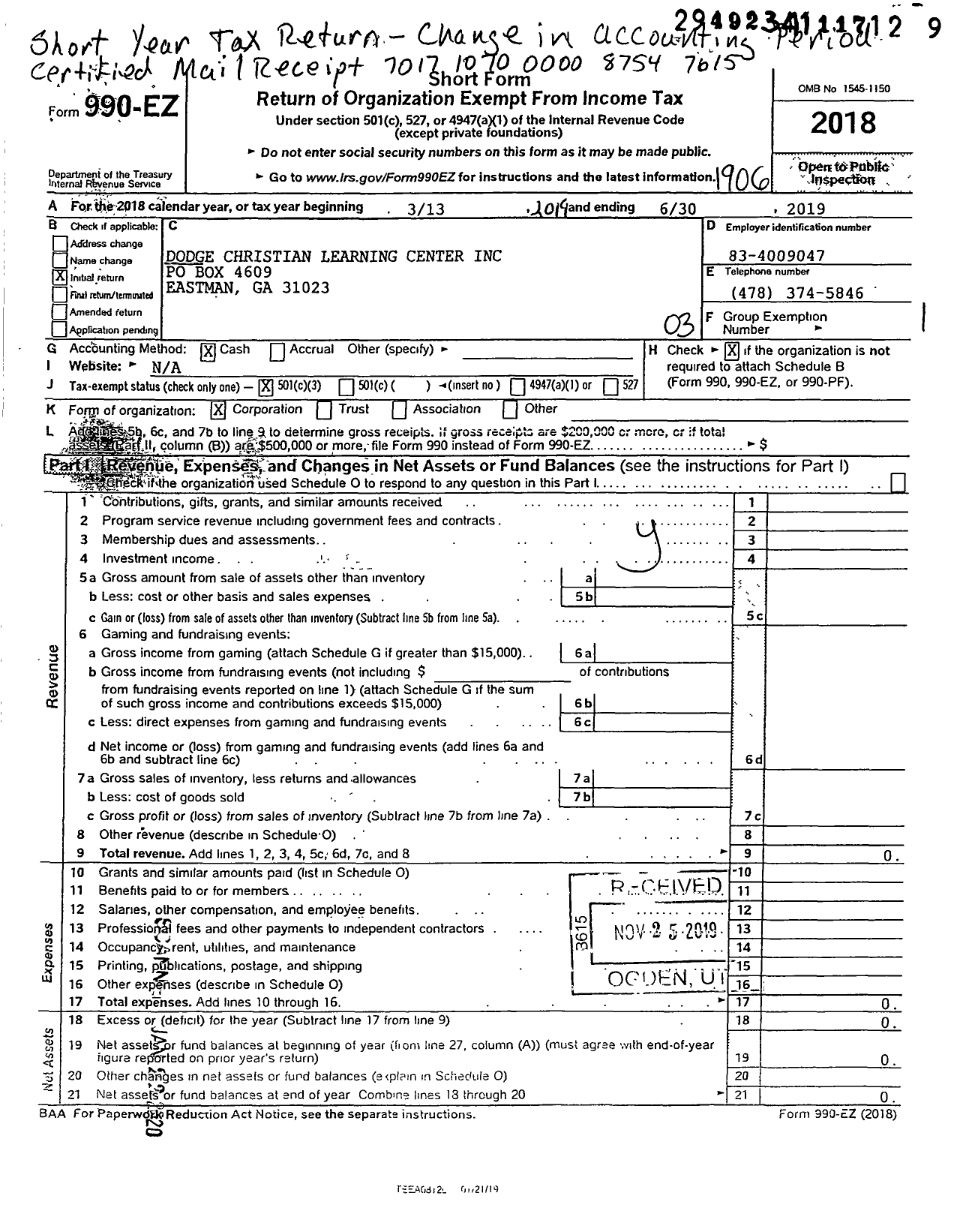 Image of first page of 2018 Form 990EZ for Dodge Christian Learning Center