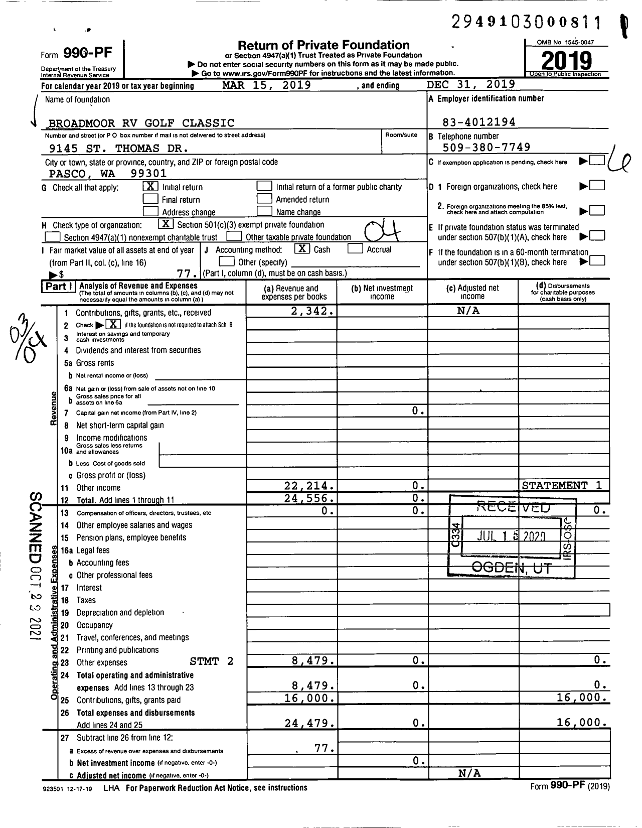 Image of first page of 2019 Form 990PF for Broadmoor RV Golf Classic