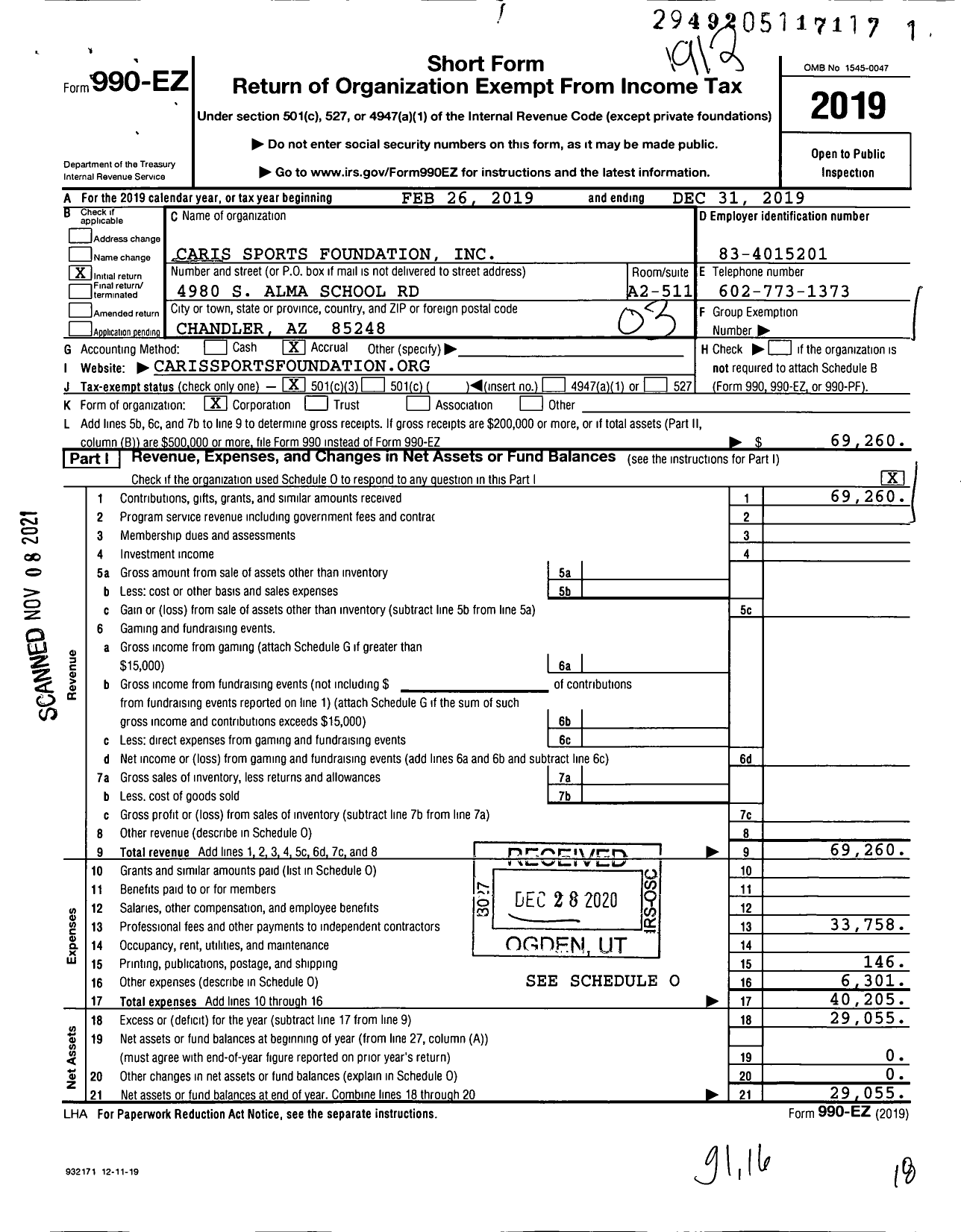 Image of first page of 2019 Form 990EZ for Caris Sports Foundation