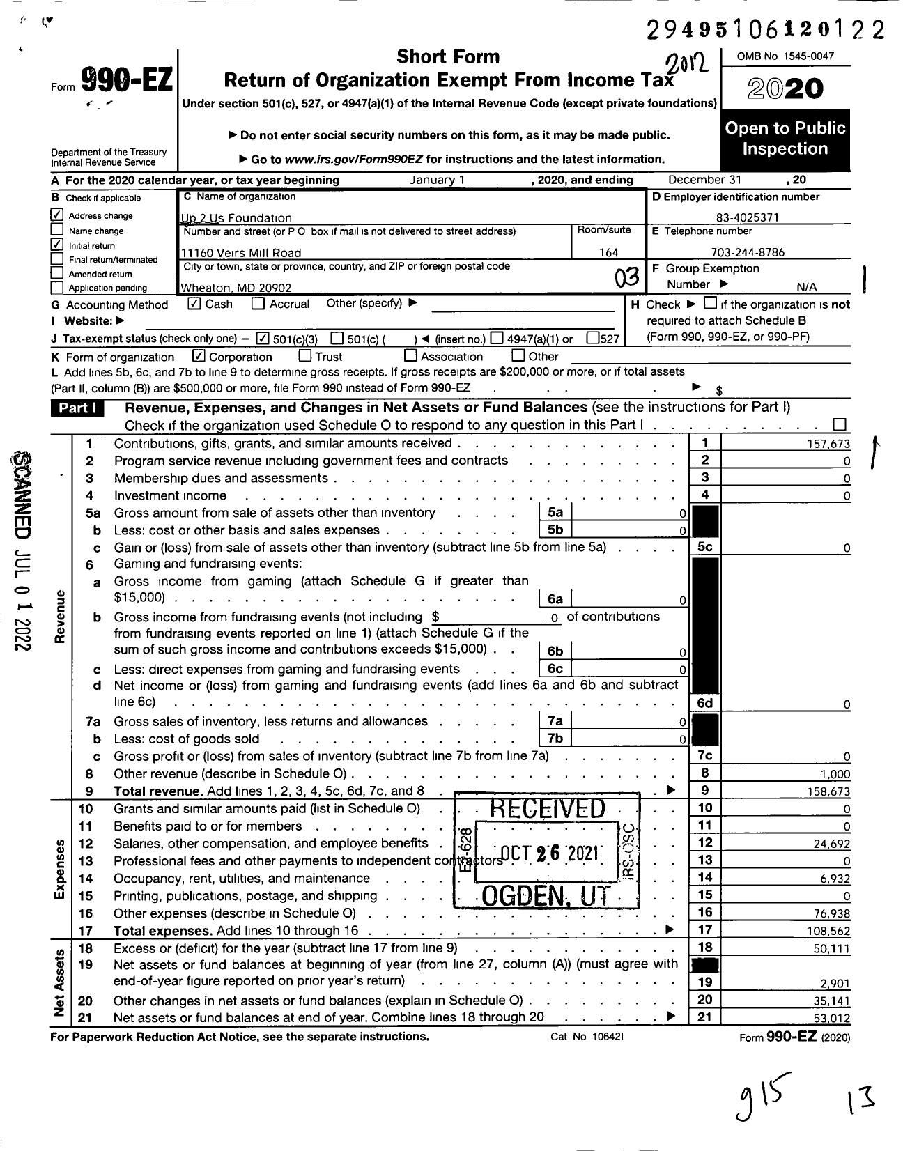 Image of first page of 2020 Form 990EZ for Up 2 Us Foundation