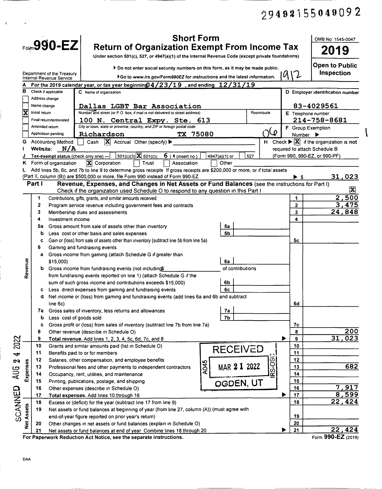 Image of first page of 2019 Form 990EO for Dallas LGBT Bar Association