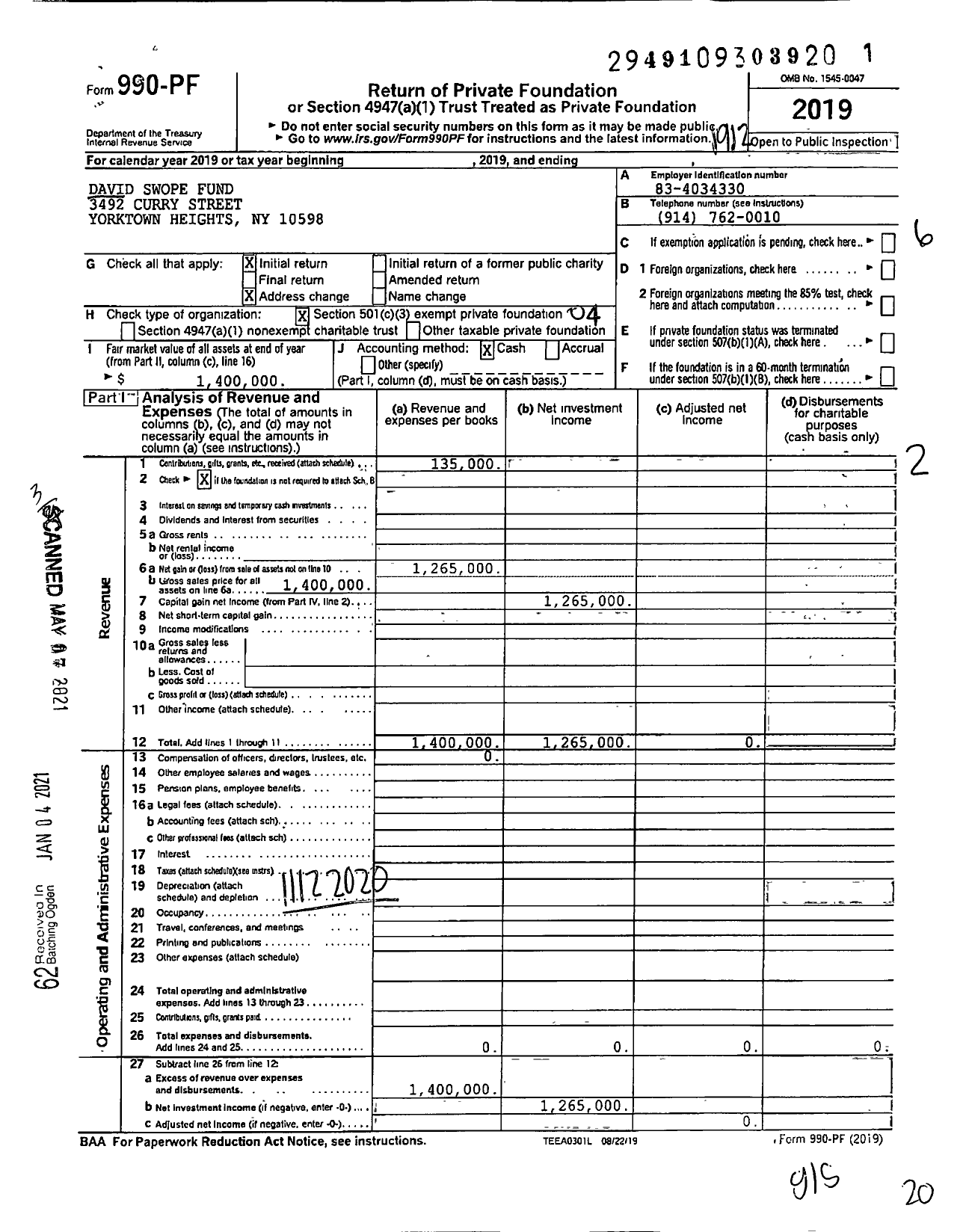 Image of first page of 2019 Form 990PF for David Swope Fund U Art Viii of Rev TR DTD July 25 2017